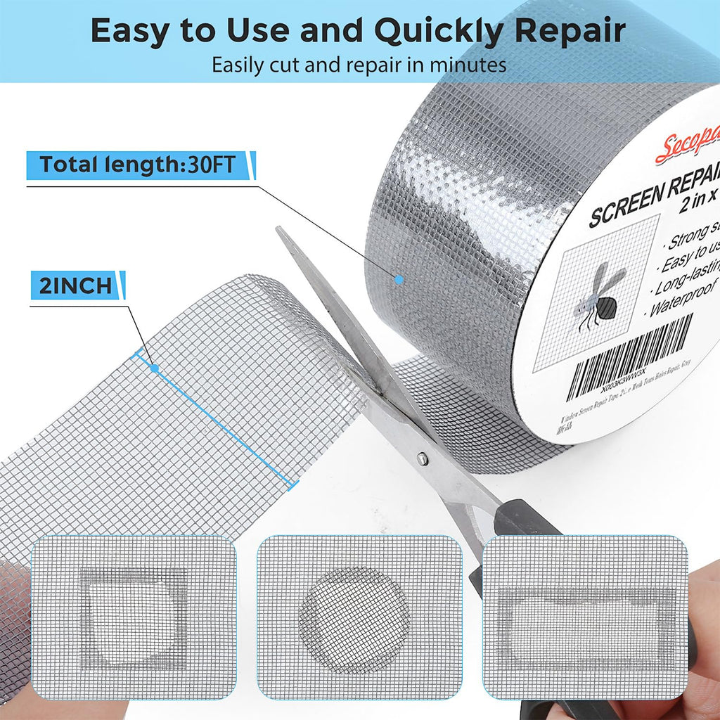 Grey Window Screen Repair Tape, 2IN X 30FT (360IN) Screen Repair Kit for Windows or Doors, Strong Adhesive Patch Kit Fiberglass Mesh Tape