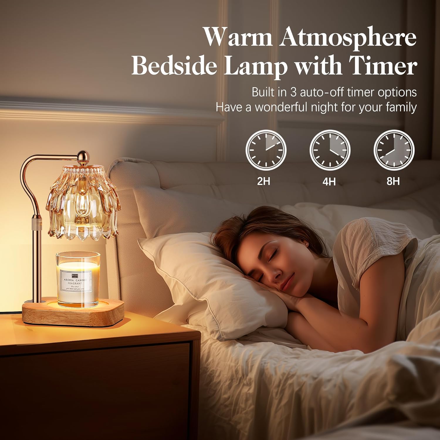 Candle Warmer Lamp with Timer Dimmer, Modern Wax Warmer for Scented Wax Jar Candle Warmer with 2 Bulbs, Adjustable Height Glass Lamp for Gifts for Women, House Warming Gifts, Home Decor, Gold Amber