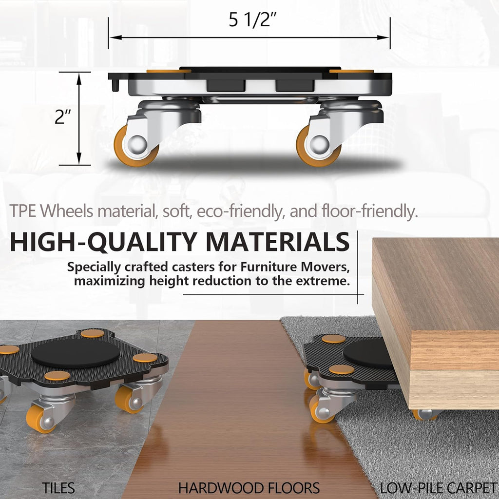 ONEON Furniture Mover Pro Set - Enhanced Dolly and Lifter with Custom TPE Wheels for Easy Furniture Lifting and Moving - Professional Tool for Effortless Furniture Transport (Black 4Dollies + 1Lifter)