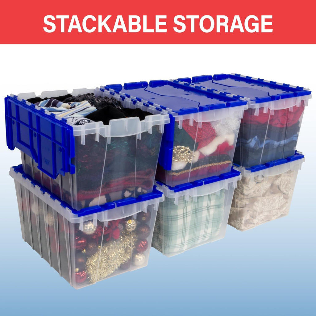 Akro-Mils KeepBox 18 Gallon Storage Container, Nesting and Stackable Plastic Storage Box with Lid Attached, Clear Tote for Garages, Closets, and Moving, 21" x 15" x 17", Red/Green