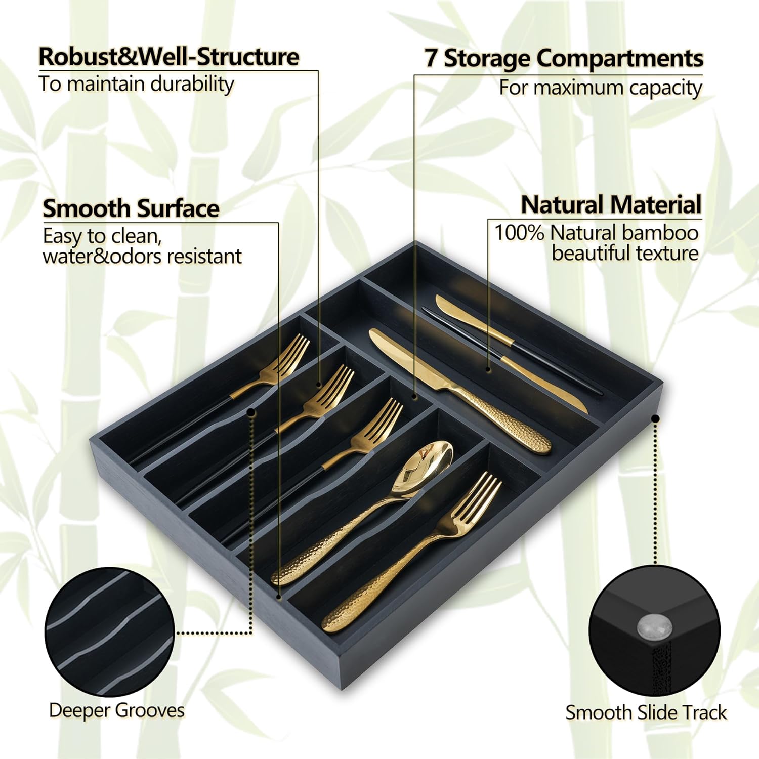 Silverware Organizer, 12.5 Inch Utensil Organizer Kitchen Drawer Organizer Bamboo Silverware Holder Cutlery Tray Organizer in Drawer Flatware Organizer Tray(7 slots, Black）