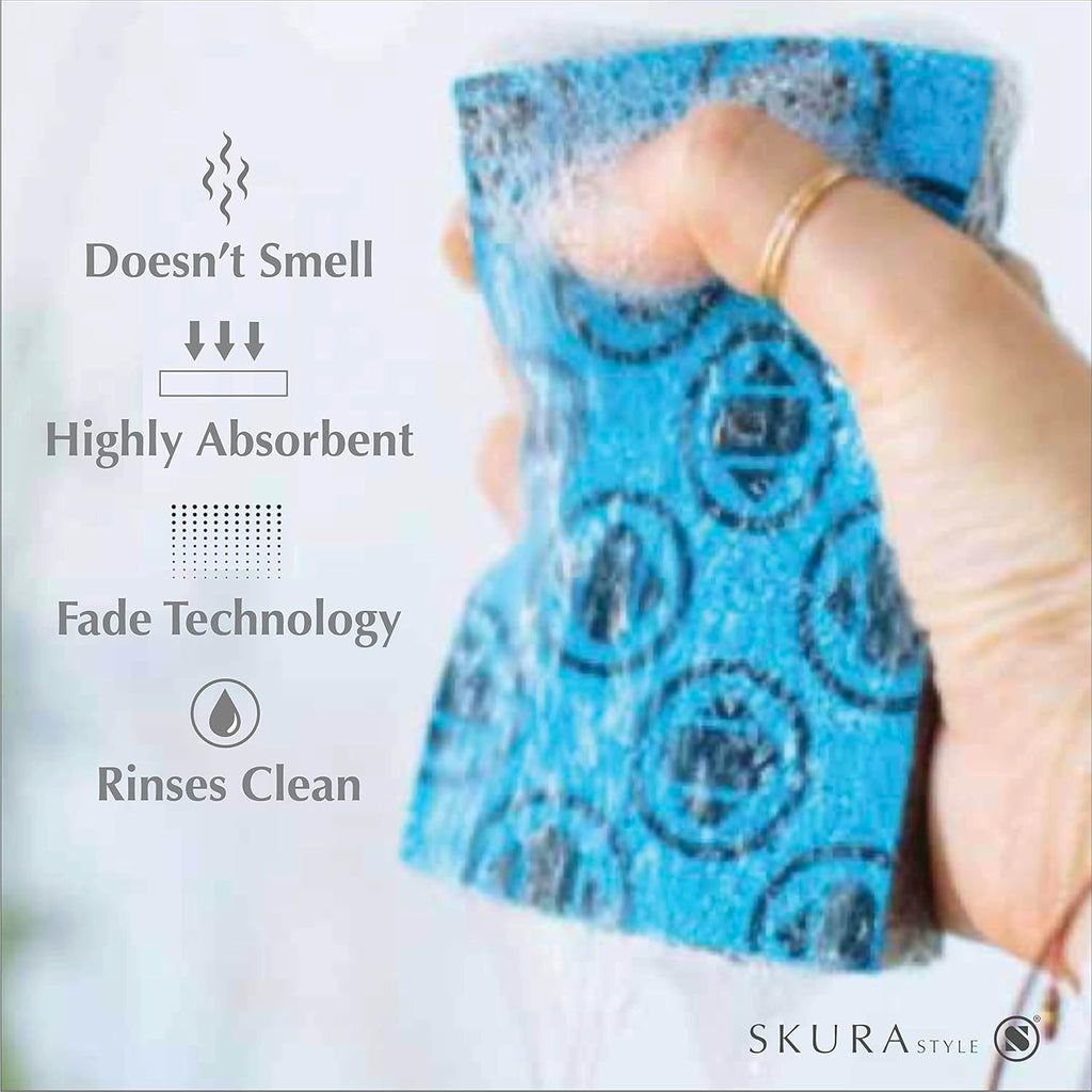 Skura Style Smart Kitchen Dish Sponges (Bulk 8 Pack) | Odor Free Non-Scratch Scrub Pad | Household Cleaning Scrubber for Sink, Counters, Surfaces, Pots, Pans, Dishwashing | Color-Fade Change Indicator