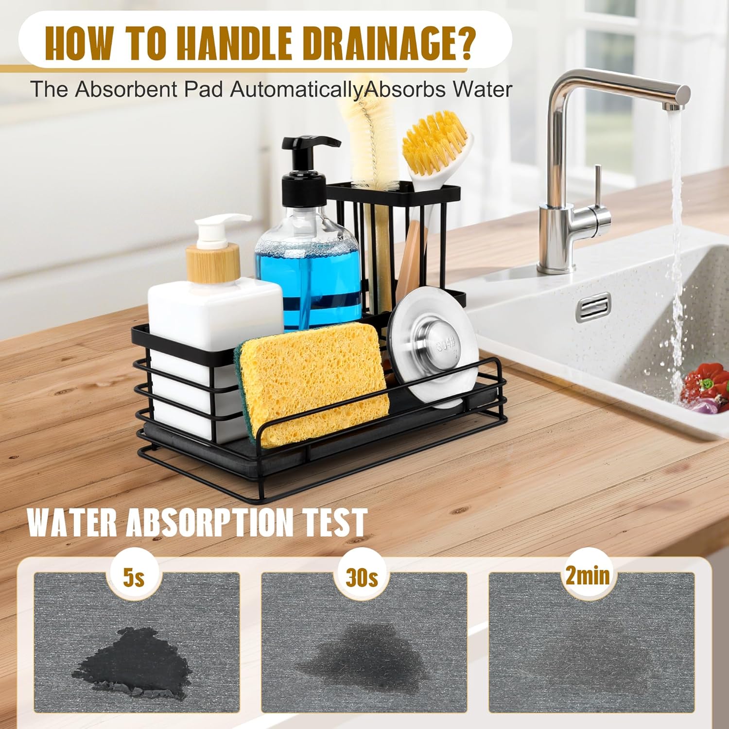 Sponge Holder for Kitchen Sink – Rustproof Sink Caddy & Kitchen Organizer with High Brush Holder, Fast Drying Diatomite Base, 304 Stainless Steel Dish Sponge Rack(Black)