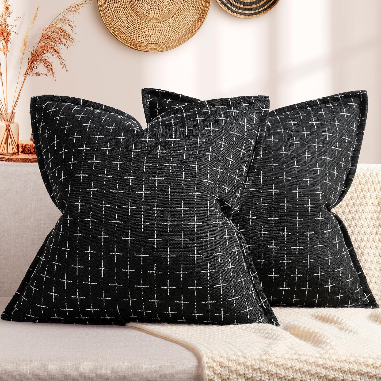 ZWJD Pillow Covers 24x24 Set of 2 Soft Polyester Textured Pillow Covers with Stylish Flange Edge Cozy Farmhouse Throw Pillows for Couch Bed Sofa Living Room