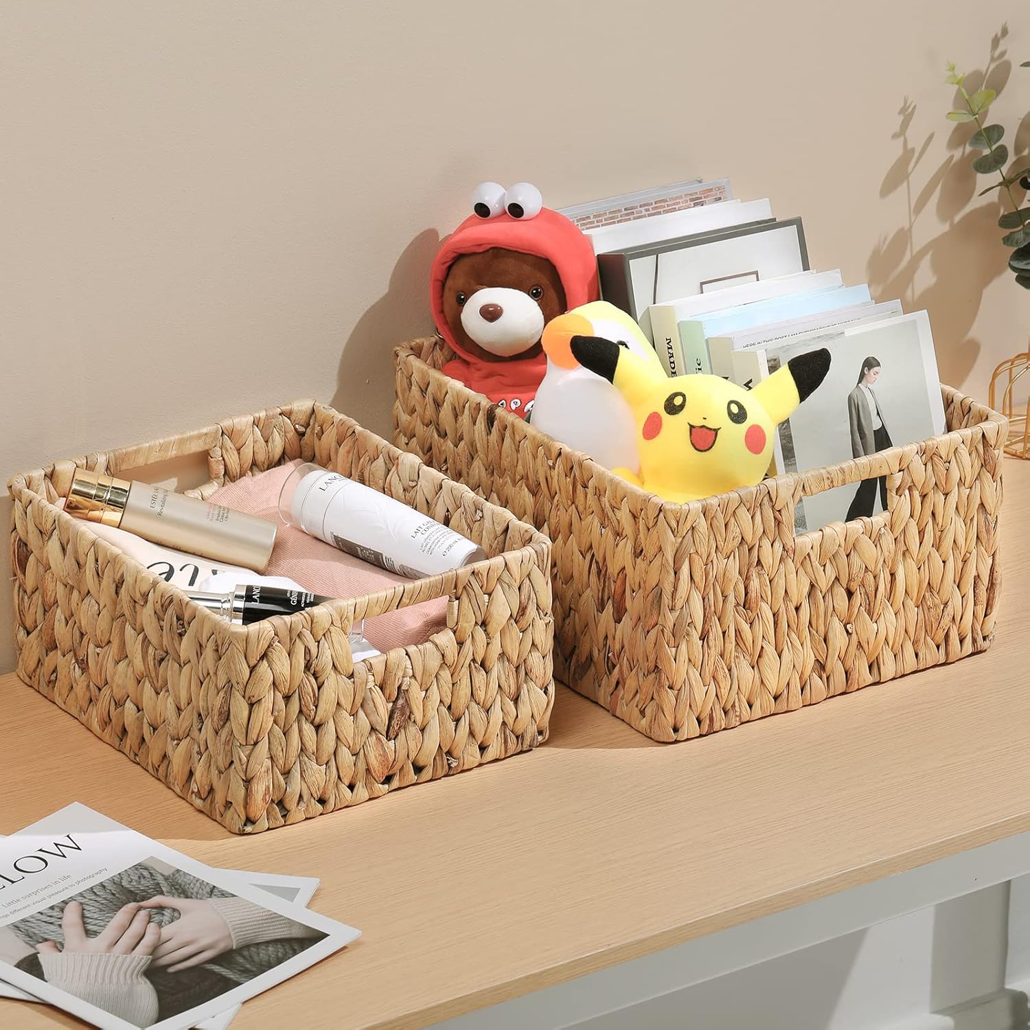 HOONEX Water Hyacinth Storage Baskets, Wicker Baskets for Organizing, Hand Woven Baskets with Carry Handles, Set of 2, Natural