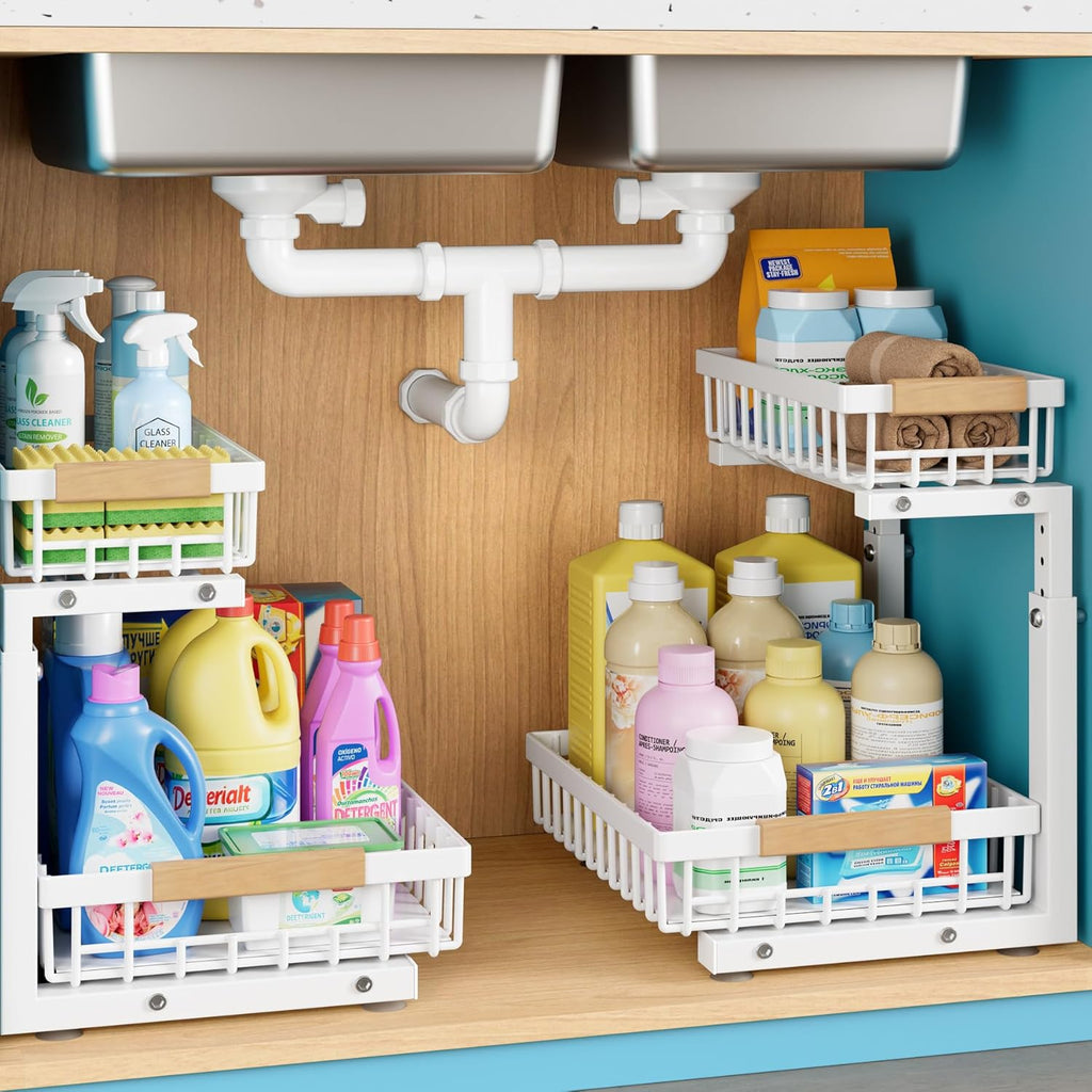 1 Packs Under Sink Organizer,Small Shelf for narrow spaces,2 Tiers Pull Out Under Cabinet Organizer,Adjustable Height,Slide Out Thickened Metal Under White