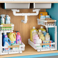 2 Packs Under Sink Organizer,Small Shelf for narrow spaces,2 Tiers Pull Out Under Cabinet Organizer,Adjustable Height,Slide Out Thickened Metal Under,White