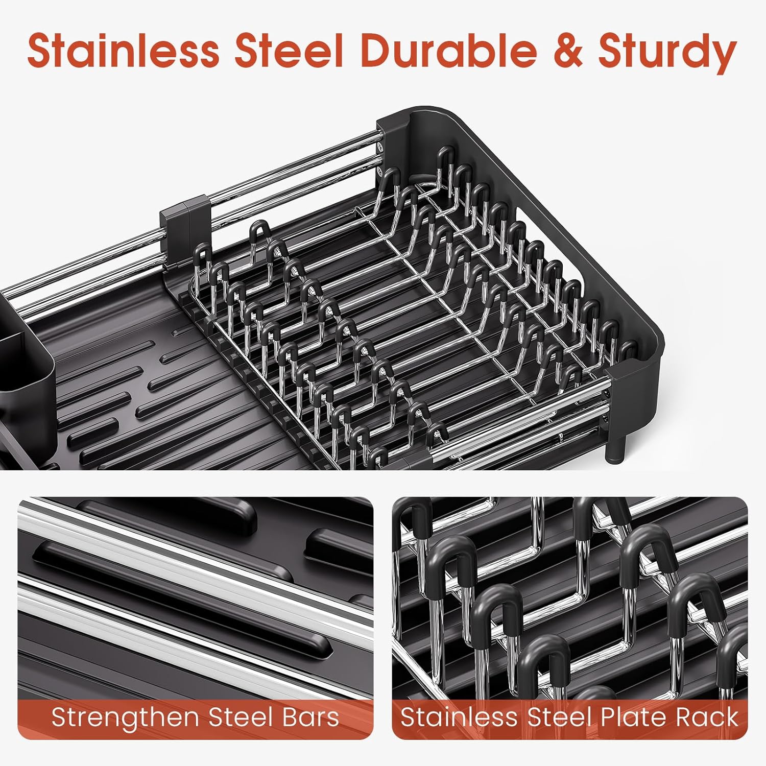 Dish Drying Rack for Kitchen Counter, Extendable Dish Rack with Drainboard, Expandable Dish Drainer, Collapsible Dish Strainer with Cutlery Holder, Foldable Home Countertop Plate Storage Rack, Black