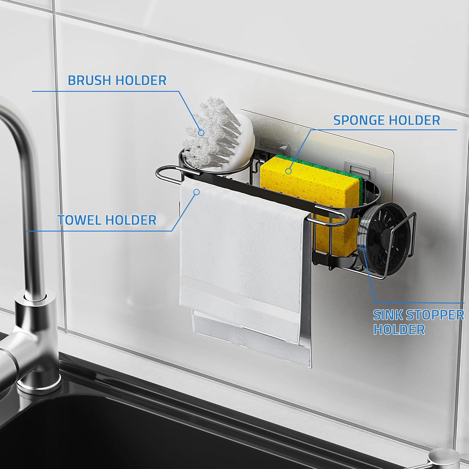 Cisily Kitchen Sink Caddy Sponge Holder in The Sink, Stainless Steel Kitchen Sink Organizer, Brush Holder, Dish Cloth Hanger, Sink Stopper Holder with 2 Installation Ways (Suction & Adhesives