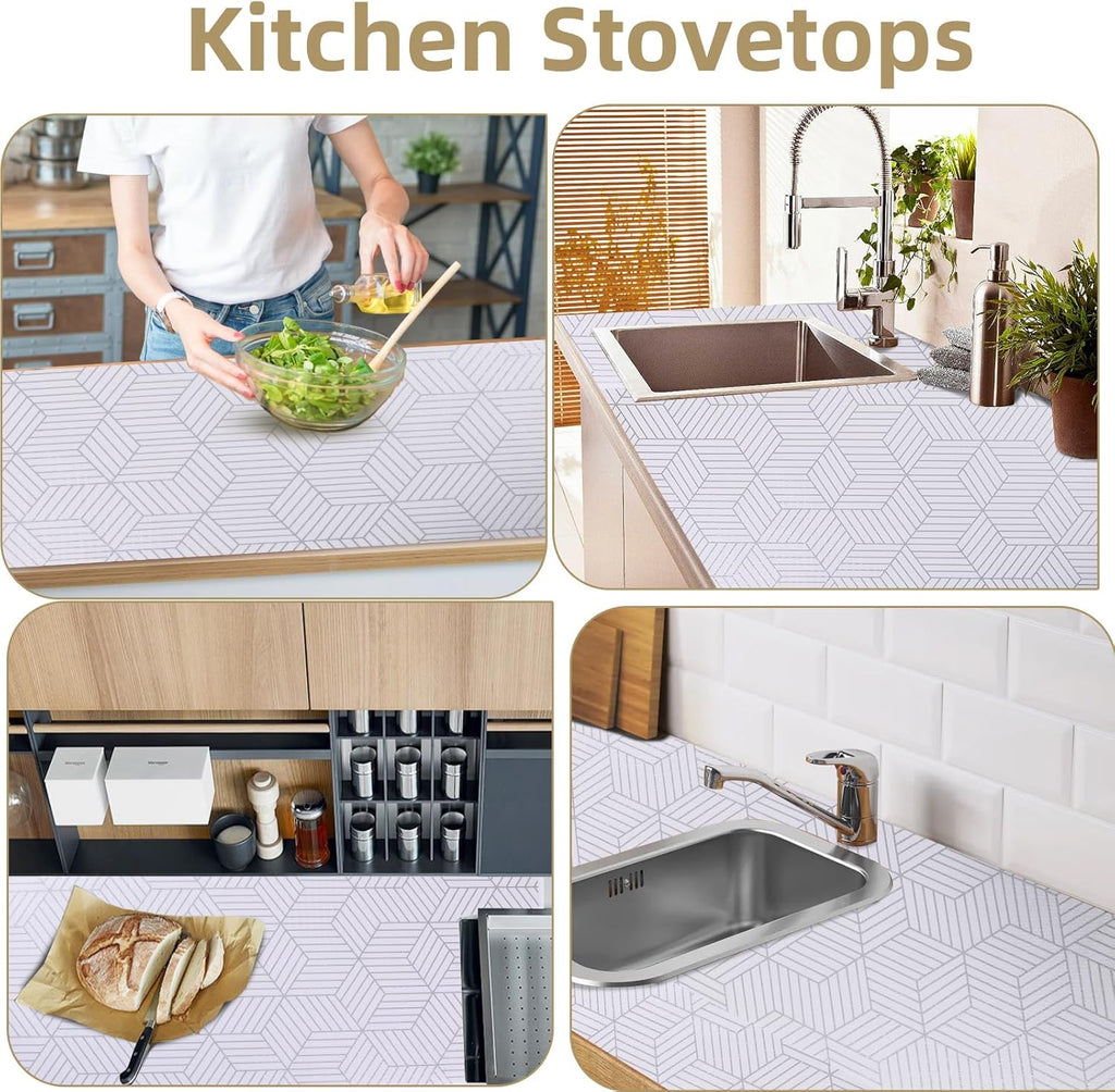 Shelf Liners for Kitchen Cabinets Non Adhesive Shelf Liner Paper Non-Slip Thickened Drawer Liner Easy to Clean for Tool Box Refrigerator with Knife and Tape Measure, Silver Geometric, 11.8 x 118 in