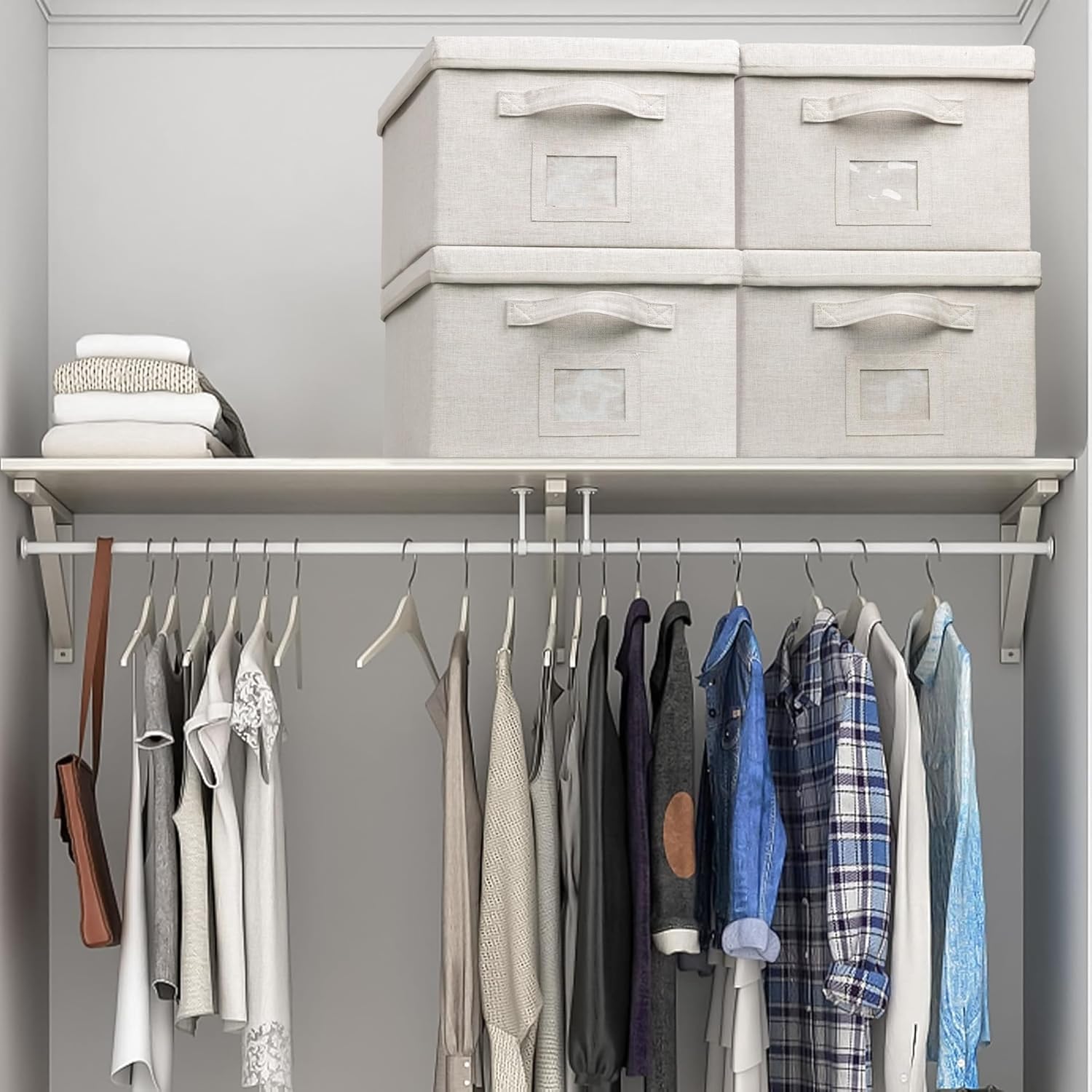 Large 17''x12'' Quart Collapsible Stackable Storage Bins with Lids, 4 Packs Off White Fabric Closet Boxes with Lids, Storage Cube Baskets Container Organizers for Bedroom Office(17''x12.2x''8'')