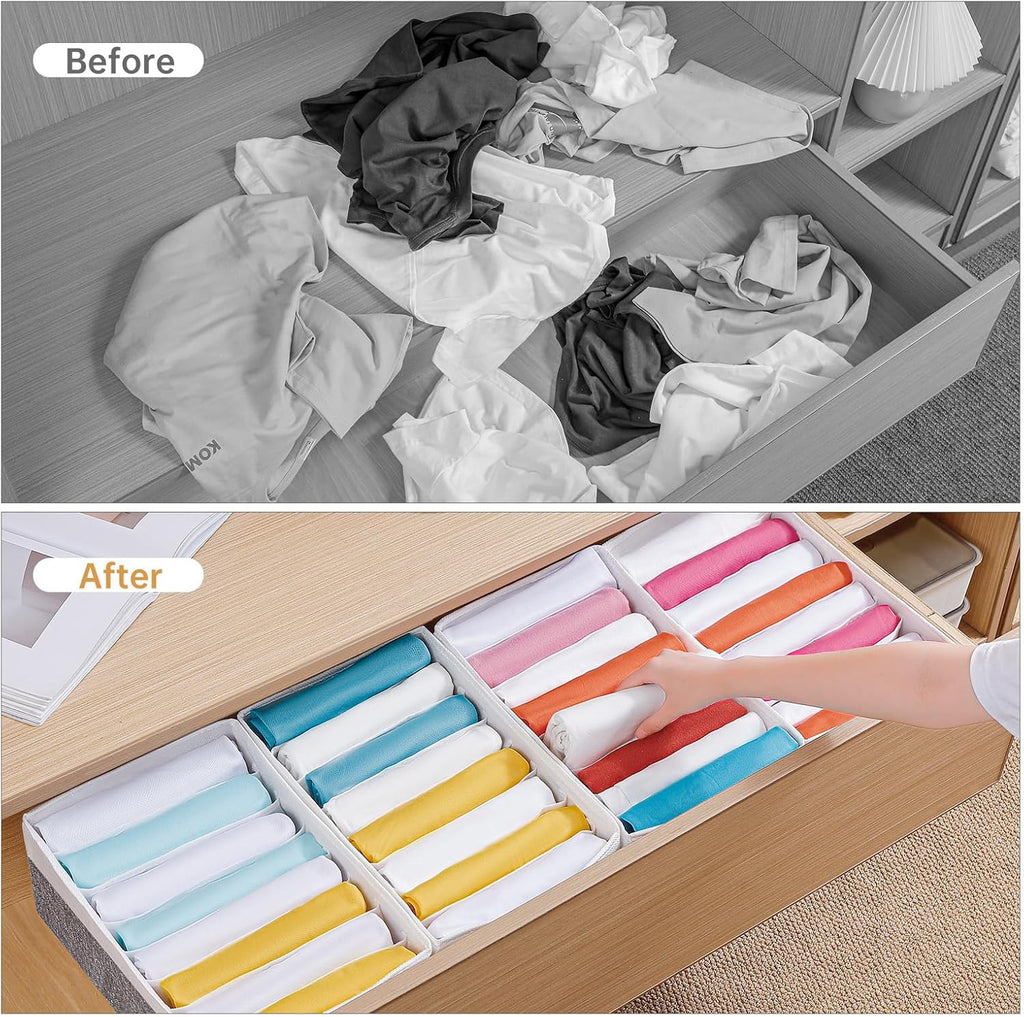 4 Packs T-shirt Drawer Organizers for Clothing,8 Grids Compartment Wardrobe Storage Box, Washable Clothes Organizer for Legging,Silk Scarve-12.59''x9.05''x5.9-GreyWhite