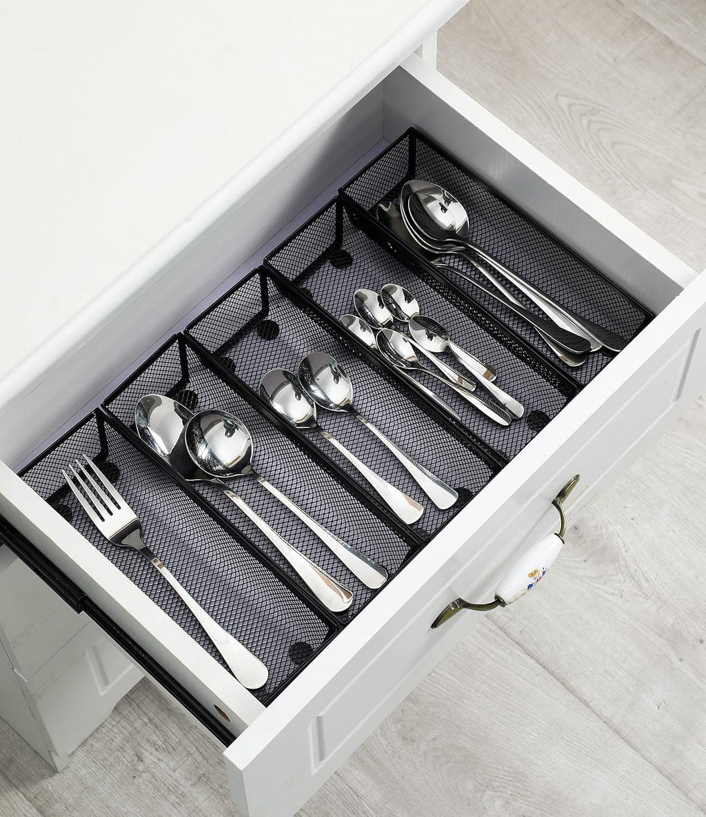 BYCY Silverware Drawer Organizer, Mesh Utensil Organizer for Kitchen Storage, Black Steel Metal Mesh Tray for Flatware Fork Spoon Knife… (9 * 3-5P-Black)