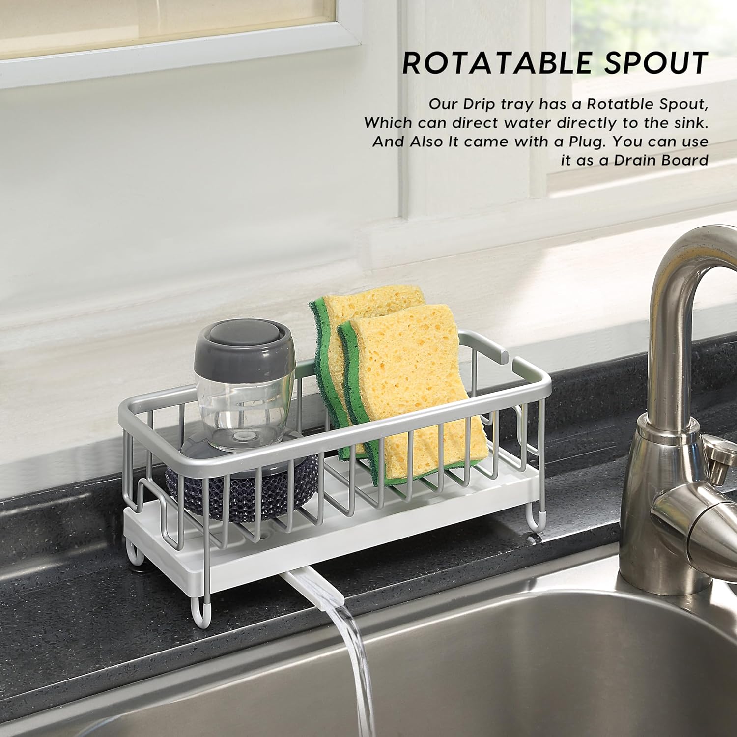 SunnyPoint Never Rust Aluminum Utensil, Sink Cleaning Tools Holder for Kitchen Sink with Drain Board; Dish Wand, Sponge, Soap Dispenser, Utensil Organizer Caddy (SIL)