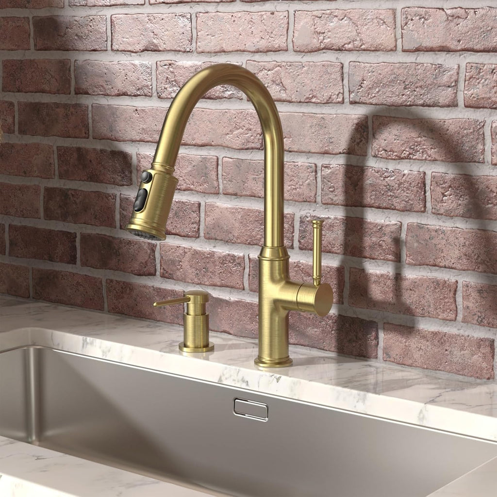 Lava Odoro Gold Soap Dispenser for Kitchen Sink, Modern Brass Built in Countertop Pump Dispenser with 18 Oz Refillable Bottle, Kitchen Soap and Lotion Dispenser Spot-Free, Brushed Gold, KSD-21