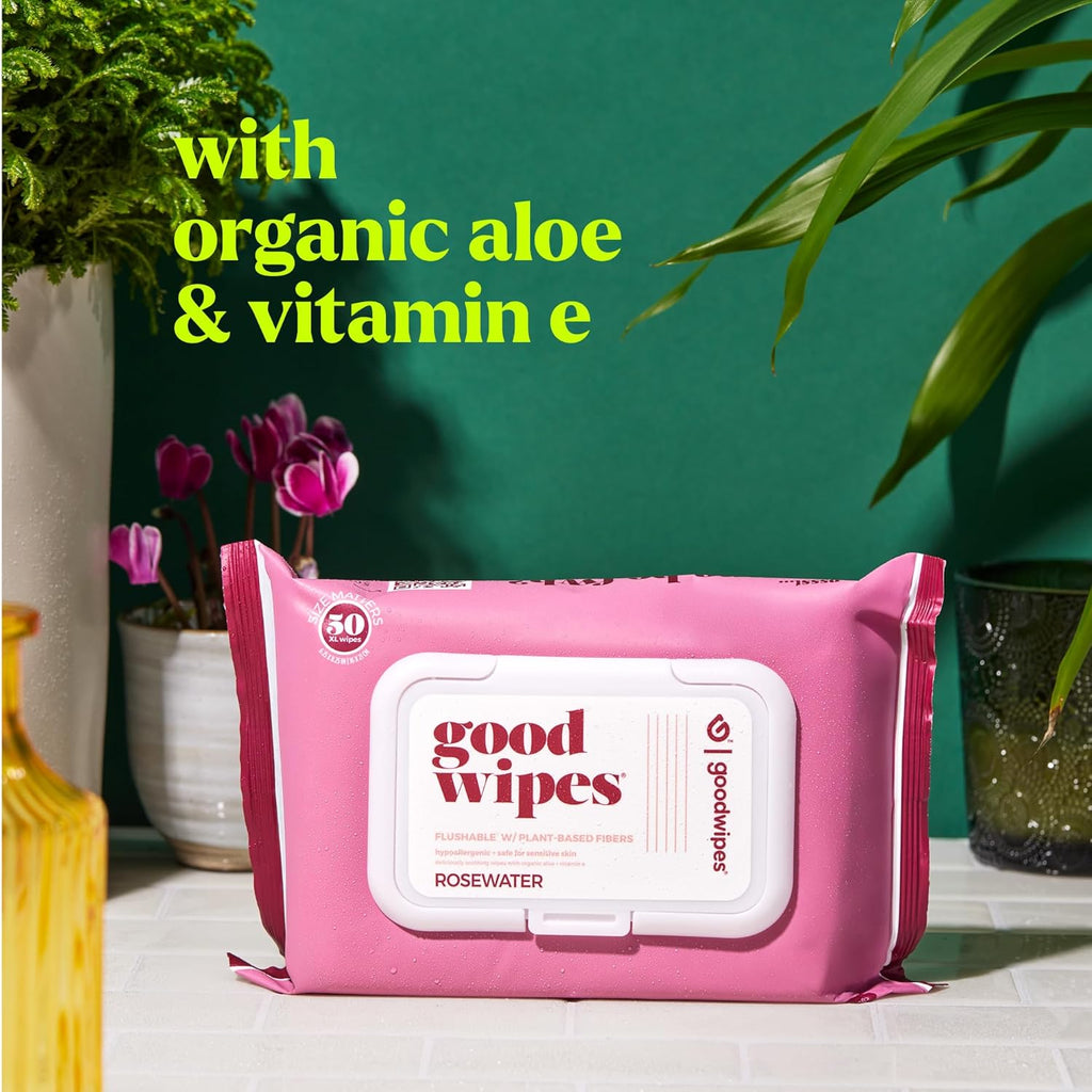 goodwipes Flushable Butt Wipes - Vitamin E & Aloe - Sewer & Septic Safe - Extra Large Adult Wet Wipes For Women & Men - Bathroom Essentials - Rosewater, 418 Count (8 Packs + 1 Travel)