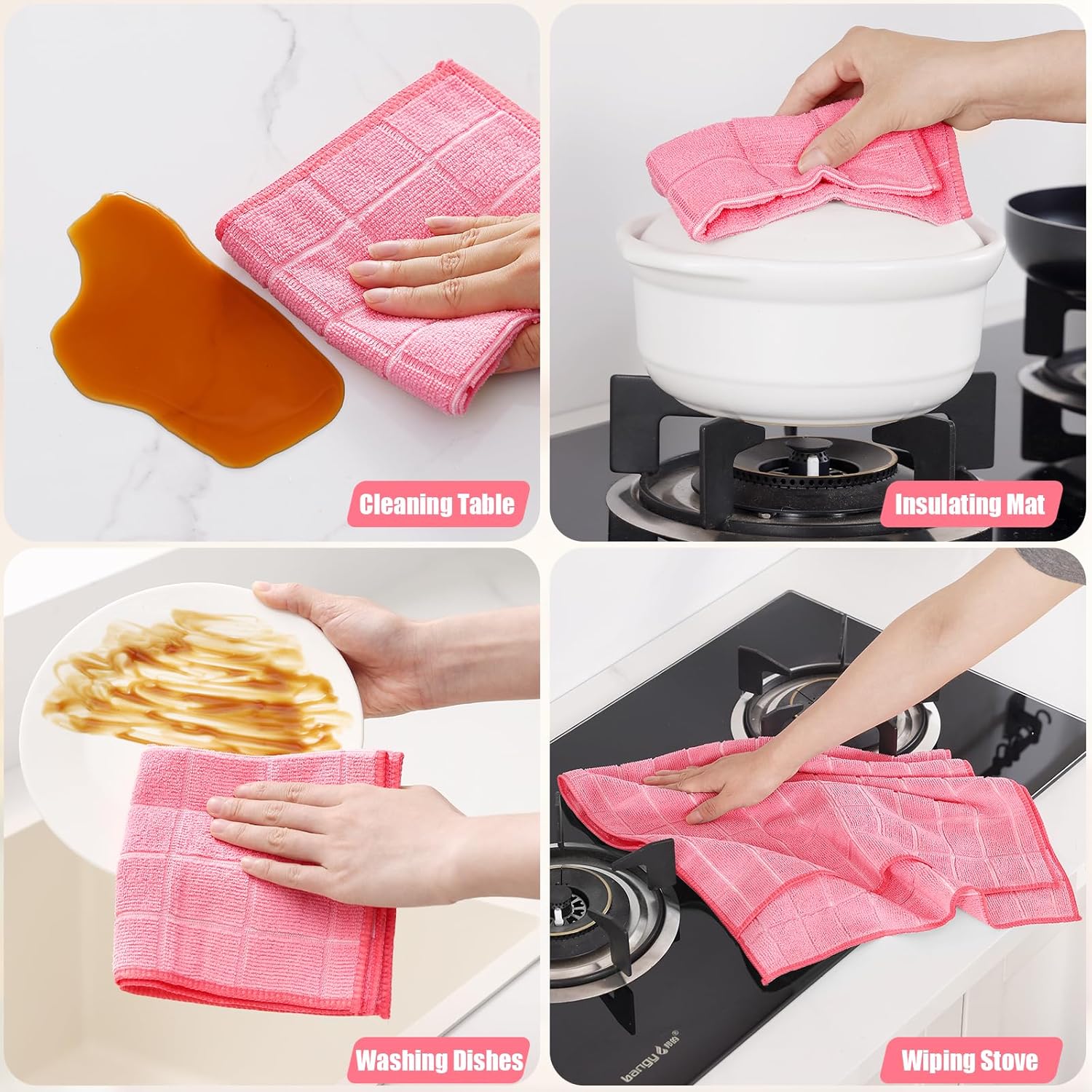 Homaxy Microfiber Kitchen Towels and Dishcloths Set, 12 Pack Soft and Absorbent Dish Hand Towels Bulk, 28 x 16 Inch & 12 x 12 Inch Quick Drying Rags for Washing Dishes, Pink