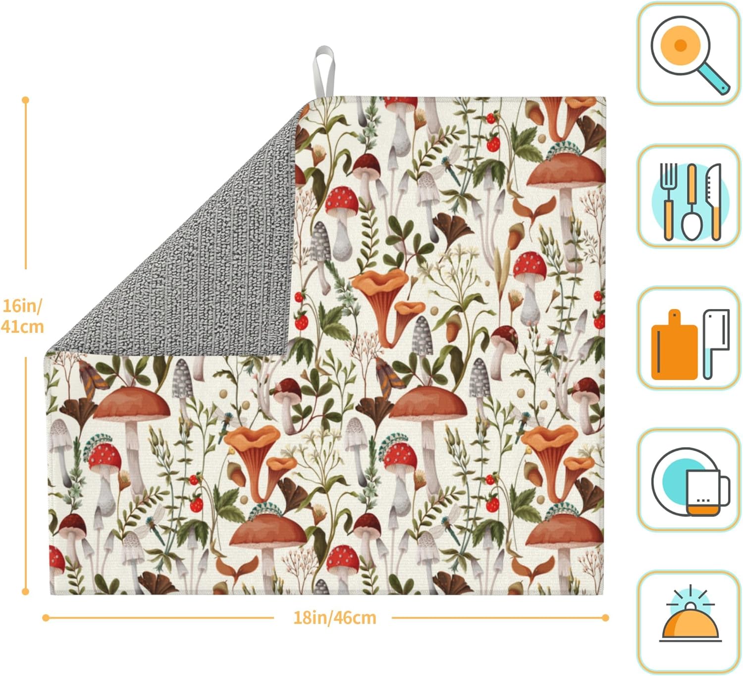 Boho Mushroom Decor Dish Drying Mat for Kitchen Counter Botanic Plant Beige Dish Drainer Rack Mats 16x18 Inch Absorbent Reversible Drying Pad