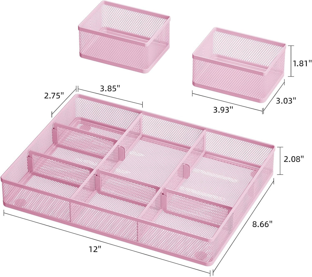 Marbrasse 3 Packs Desk Drawer Organizers, Metal Mesh Dividers with 9 Adjustable Compartments, Pen Organizer for Drawer Tray Box Accessories for Desktop,Kitchen, Makeup(Pink)