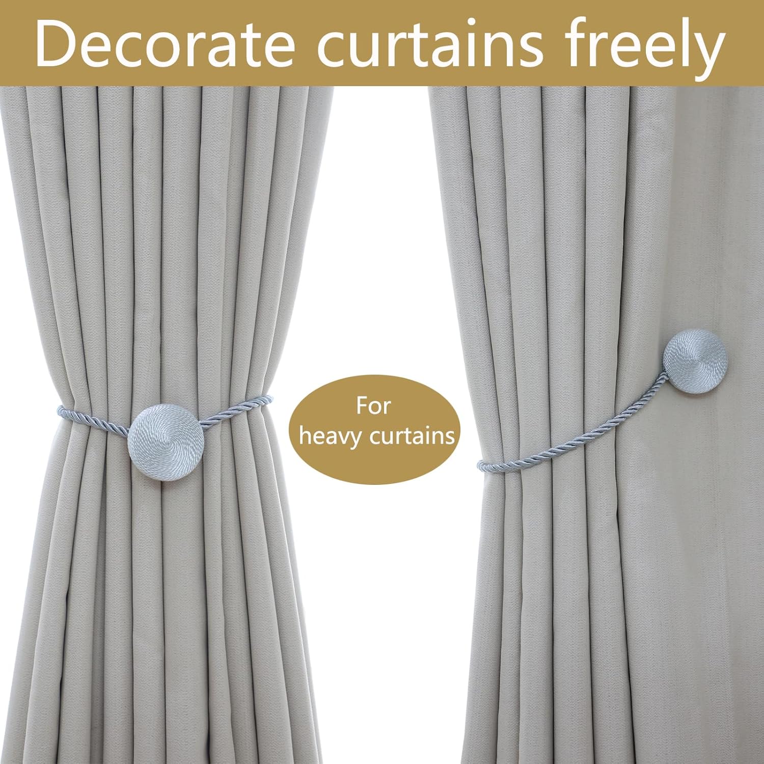 Magnetic Curtain Tiebacks - 12mm Magnetic Tie Backs for Curtains, Heavy Duty No Drill Curtain Holdbacks for Home/Office Windows Drapes, Elegant Gift-Ready Design 7 Colors (2, Gray)