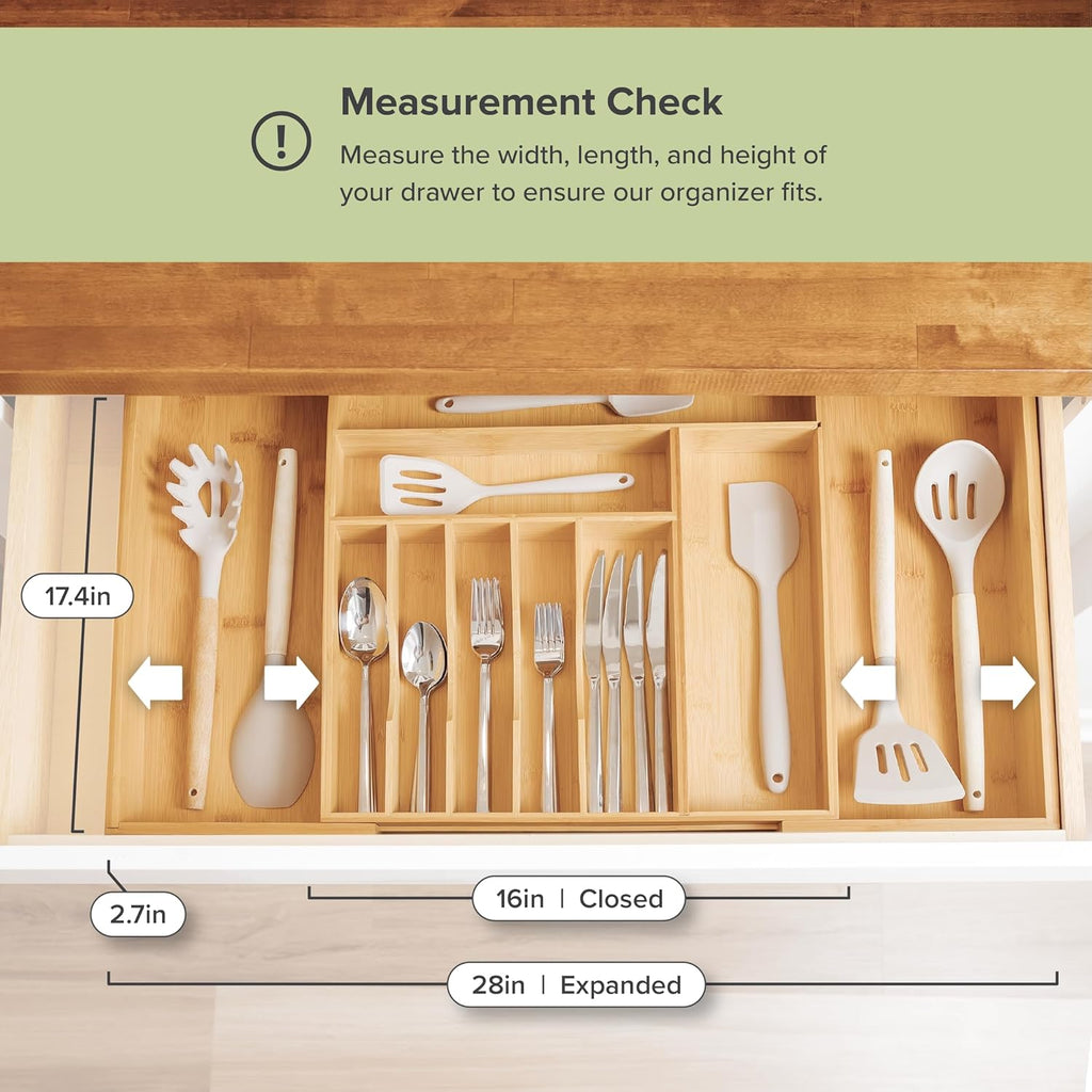 KitchenEdge Premium Silverware, Flatware and Utensil Organizer for Kitchen Drawers, Food-Safe Contract Grade, Expandable from 16 to 28 In, Natural Bamboo