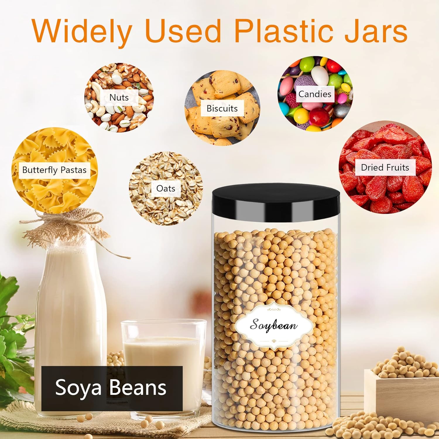 Plastic Jars with Lids, 16 Pcs 32 OZ Large Plastic Storage Jars with Black Leakproof Lids Cylinder Plastic Storage Container Jar Reusable Clear Empty Jars for Home and Kitchen Organizing