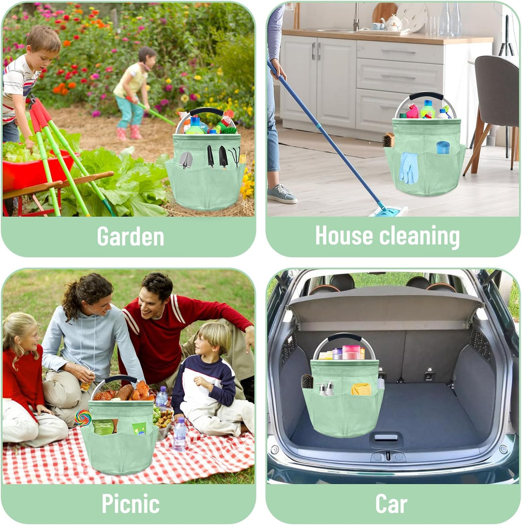 Qivine 17L Cleaning Caddy with Handle, Cleaning Supply Caddy Foldable Tool Bag Cleaning Products Organizers Portable Cleaning Bucket Organiser for Storing Towels (Clear Green)
