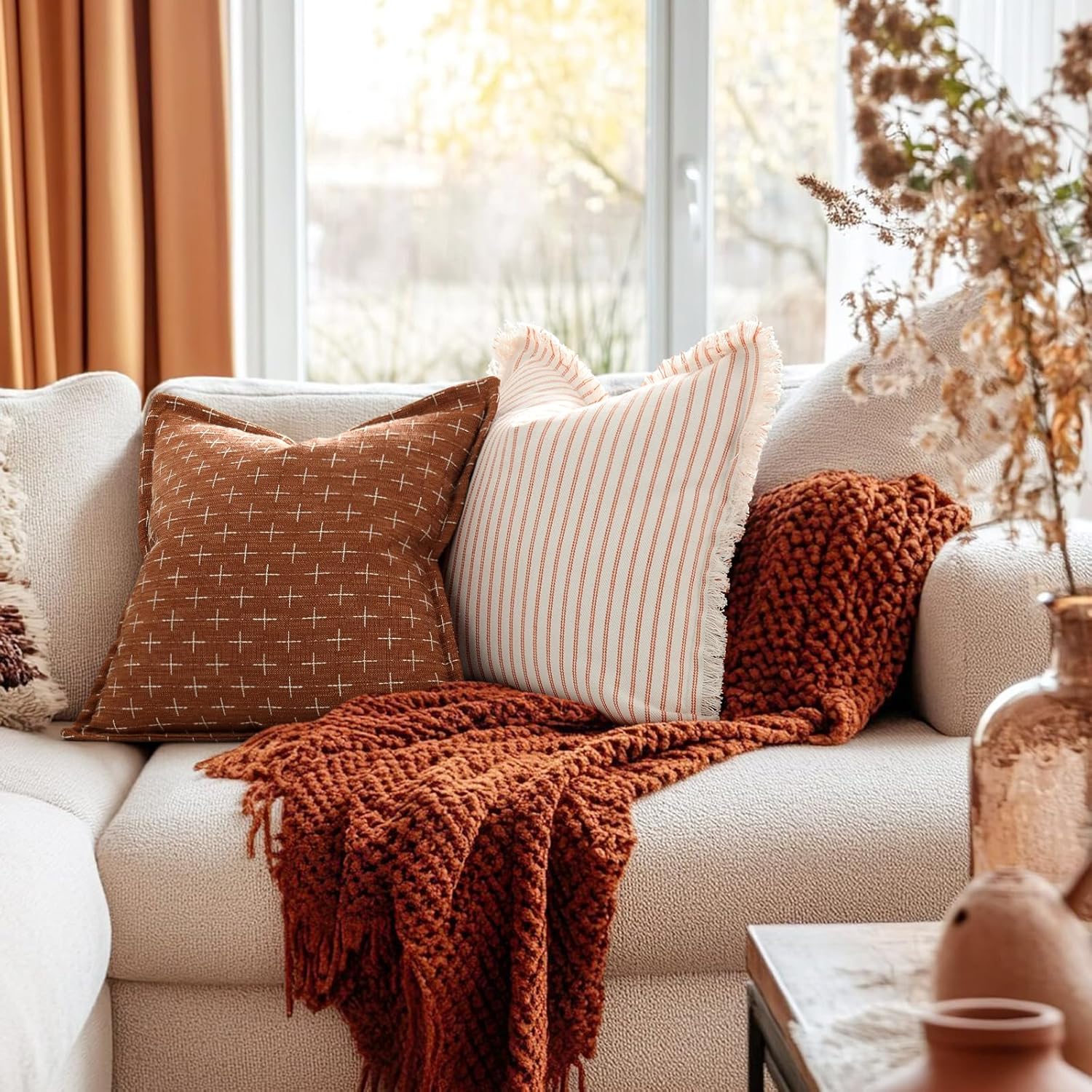 ZWJD Fall Throw Pillow Covers 26x26 Set of 2 Soft Polyester Textured Rust Pillow Covers with Stylish Flange Edge Cozy Farmhouse Throw Pillows for Couch Bed Sofa Living Room Fall Decor