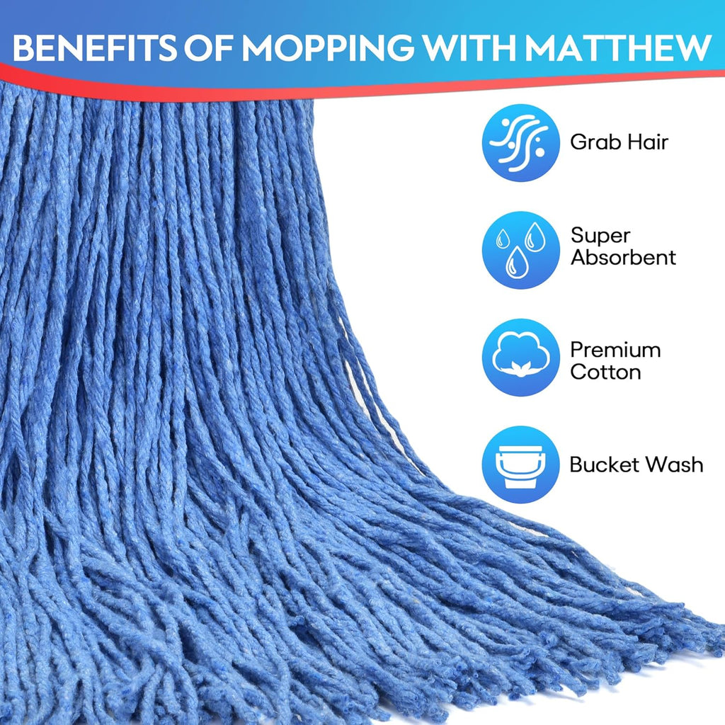 Matthew Cleaning 20oz 6Pack Cotton Floor Mop,Cotton Looped-Open String Heavy Duty String Refills, Universal Headband Blend,Mop Head Replacement for Home, Industrial and Commercial Use(Blue)
