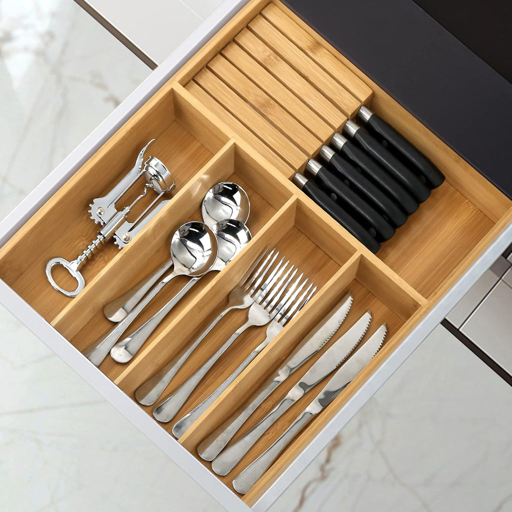 VaeFae Bamboo Silverware Organizer (Non-expandable), Utensil Holder for Drawer, Wooden Cutlery Tray with Divider for Kitchen Drawer, Utensil Organizer with Knife Block