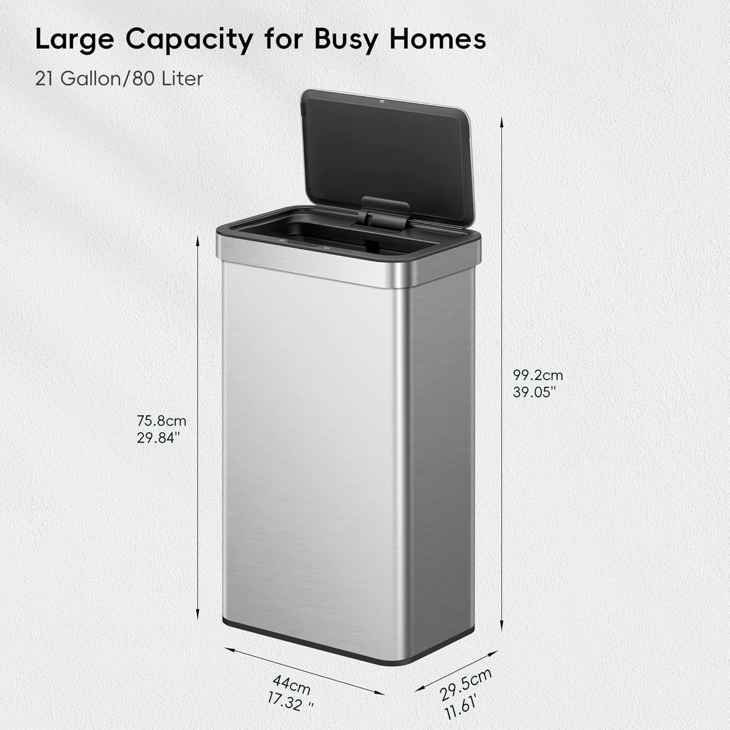 EKO Nova Sensor Trash Can, 21 Gallon/80 Liter Stainless Steel Rectangular Touchless Motion Sensor Trash Can, Matte Metallic