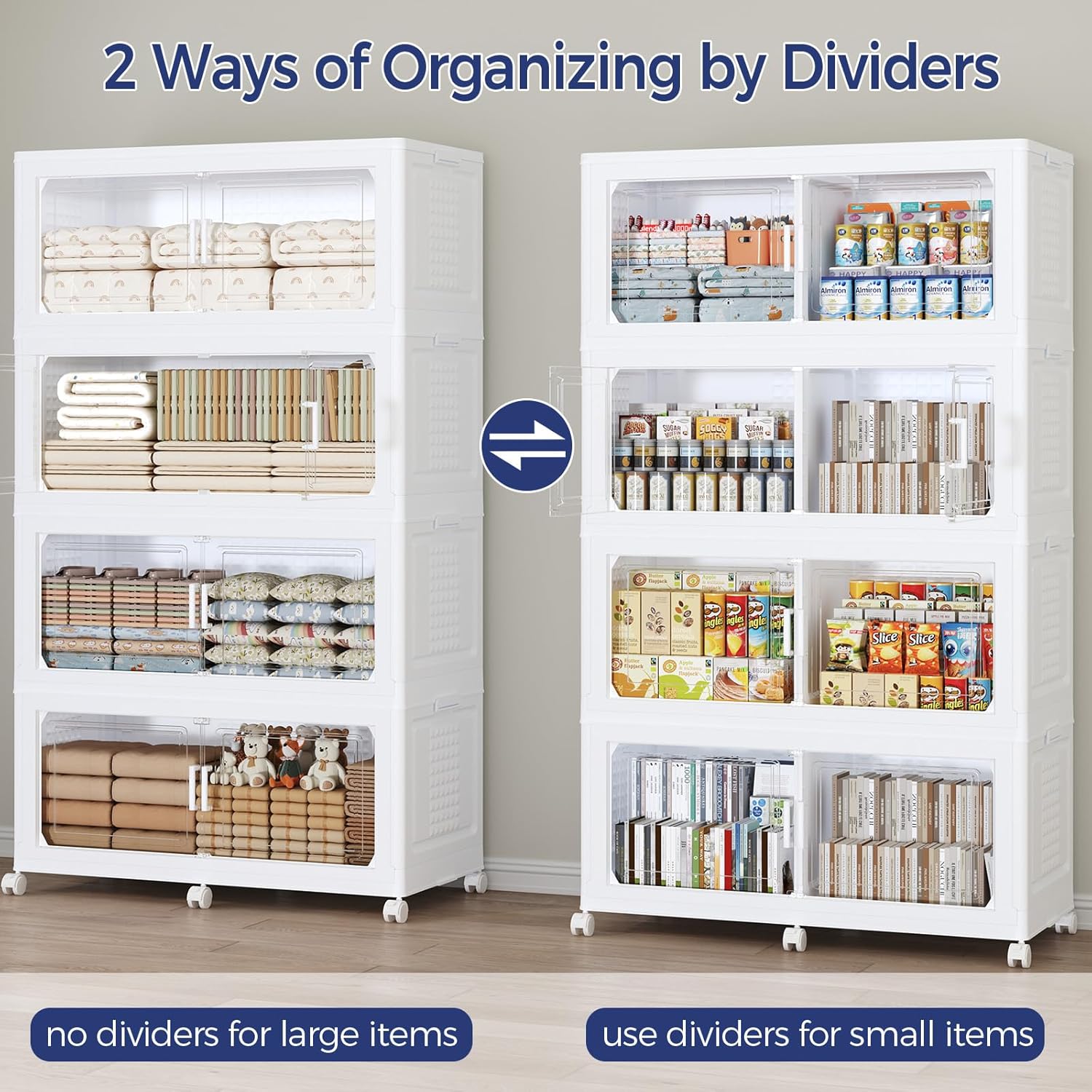 150GAL Storage Bins with Lid and Wheels, Stackable Closet Organizers and Storage Drawer, Collapsible Storage Box with Dividers, Foldable Plastic Cabinets Cubes Totes for Garage, 3 Pack White