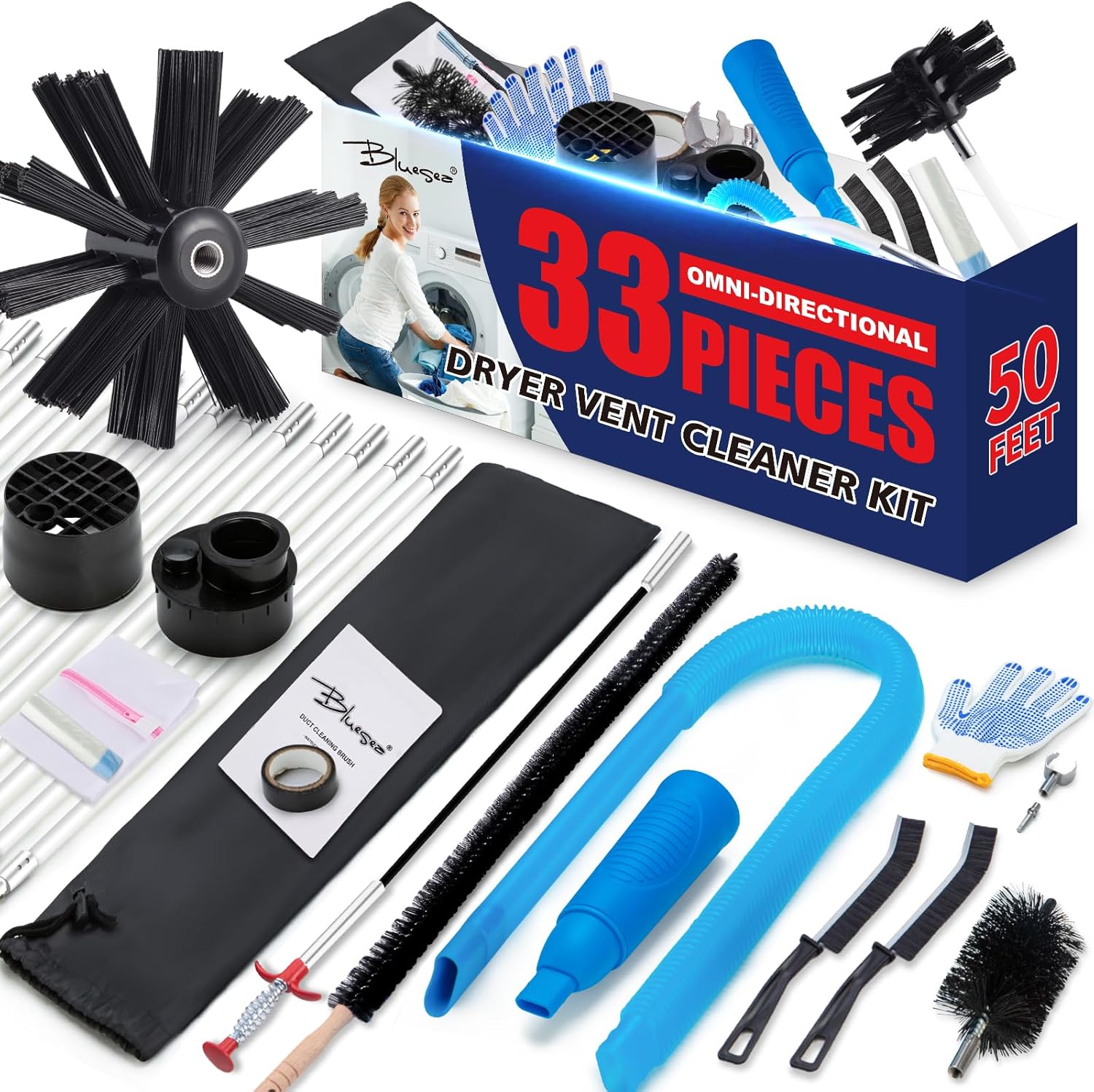 Dryer Vent Cleaner Kit, Bluesea 33-Piece Omnidirectional Dryer Cleaning Kit Include 50 Feet Dryer Vent Brush, Upgrade Noiseless Dryer Lint Vacuum Attachment, Lint Trap Brush, Vacuum & Dryer Adapters