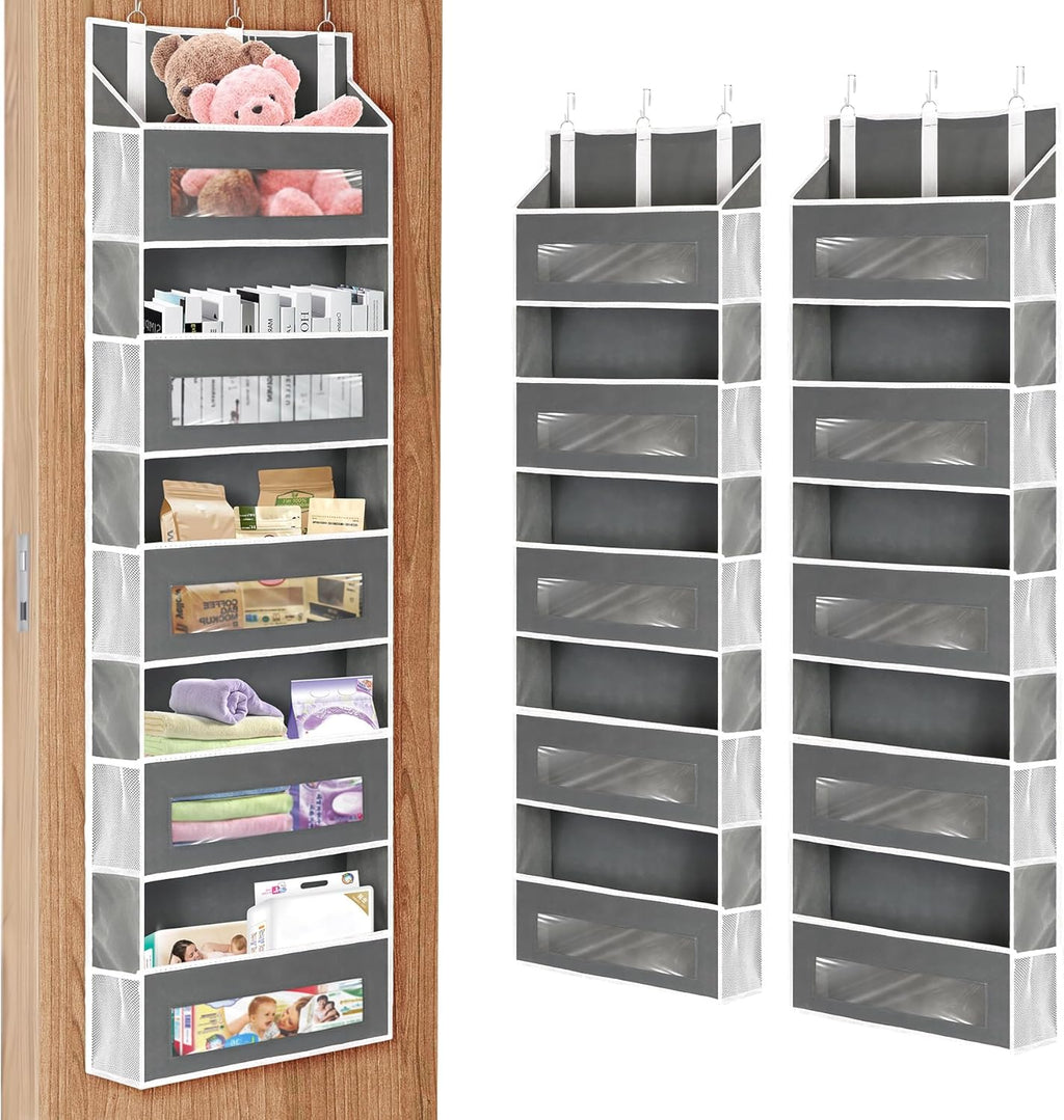 2 Packs 5-Tier Over The Door Organizer with 10 Side Mesh Pockets, 48 lbs Load Capacity, 3 Hooks Design, Hanging Organizer with Clear Windows for Bathroom, Bedroom, Nursery, Kitchen-Grey