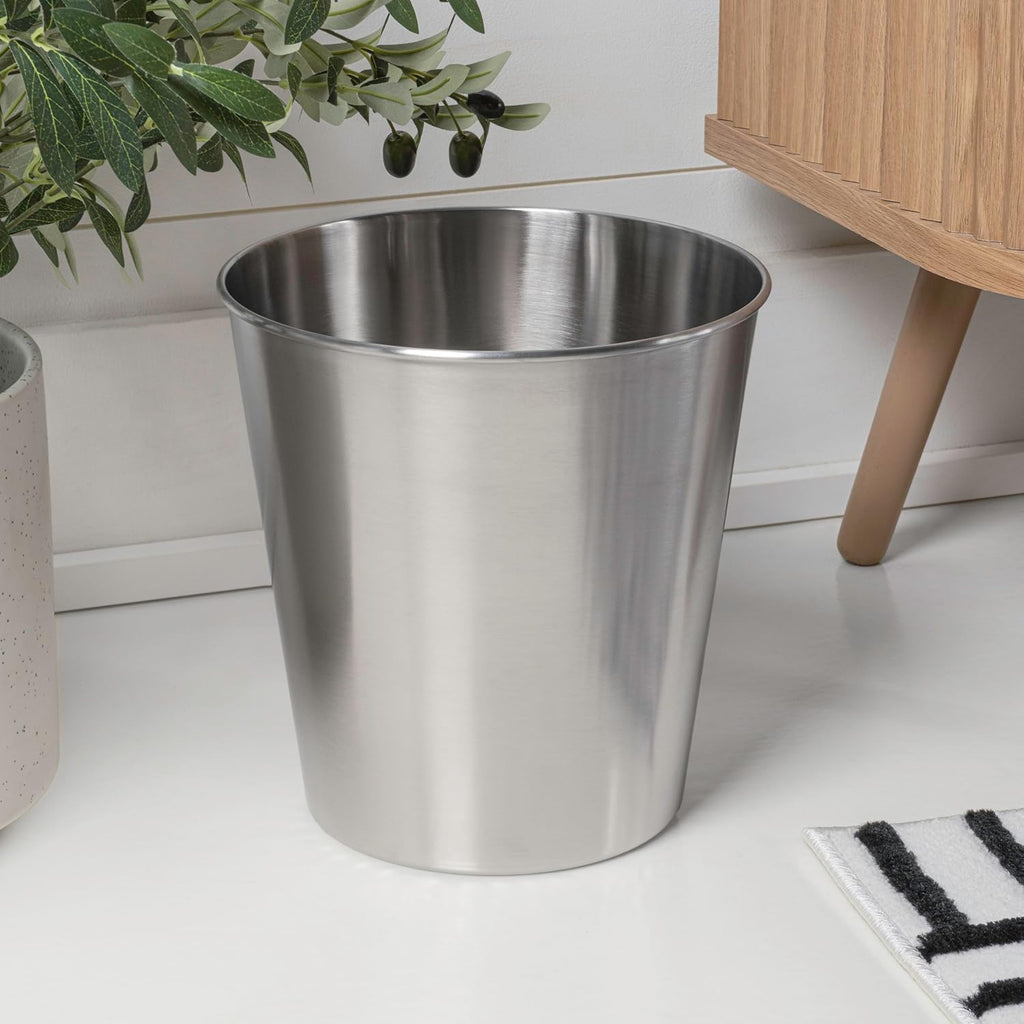 happimess HPM1113C-SET2 Nolan Modern Classic Smooth Steel 2 Gal Waste Bin for Kitchen, Office, Bathroom, Bedroom, Dorm, Brushed Steel (Set of 2)