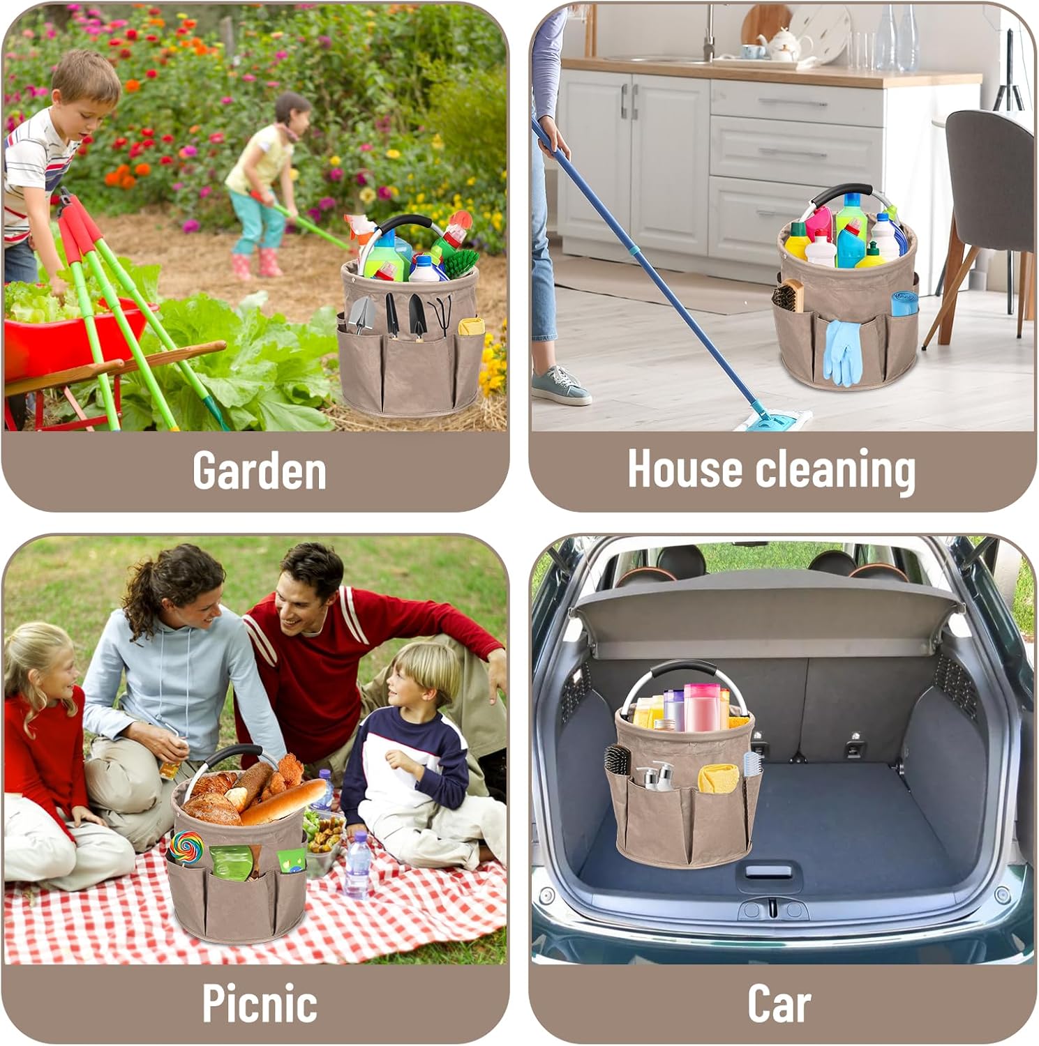 Qivine 17L Cleaning Caddy with Handle, Cleaning Supply Caddy Foldable Cleaning Caddy Cleaning Products Organizers Portable Cleaning Bucket Organiser for Storing Towels (Khaki)