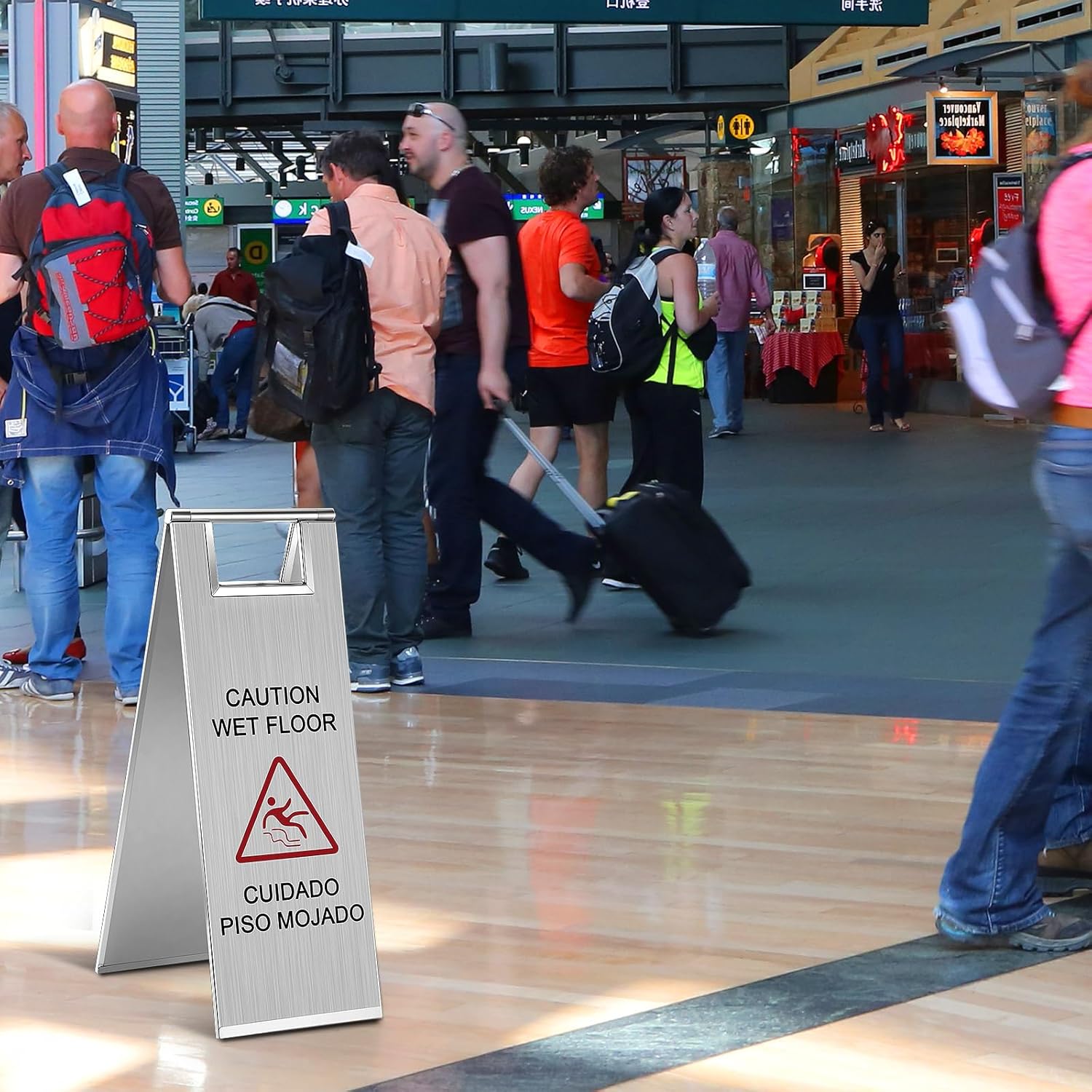 8 Pcs 24 Inch Stainless Steel Wet Floor Sign 8.8 Pound Caution Wet Floor Sign Bulk Double Sided Portable Foldable Bilingual Safety Warning for Kitchen Restaurant Restroom Avoid Fall (Silver)