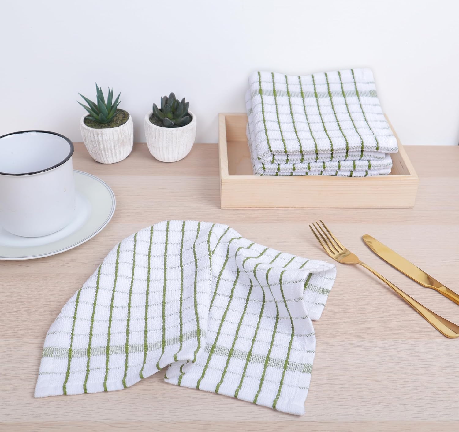 AMOUR INFINI Kitchen Dish Cloths Set of 8 - Ultra Soft, Highly Absorbent, Quick-Drying Terry Cotton Dishcloths 12"x12" Inch Wash & Cleaning Cloths for Kitchen & Dishwashing (Green)
