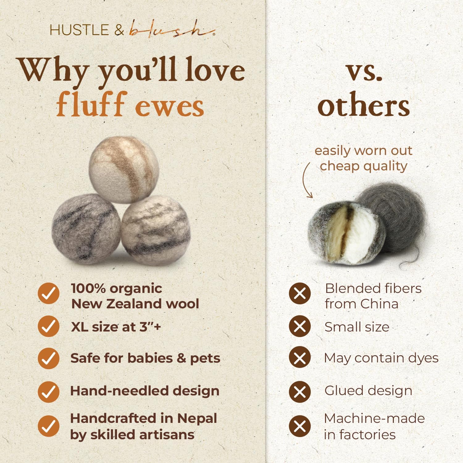 Fluff Ewes Wool Dryer Balls 3 Pack Premium New Zealand Wool Laundry Balls for Dryer, No Static Dryer Balls Laundry Reusable Cute, XL Wool Dryer Balls Cute, Baby Dryer Balls for Dryers - Marble