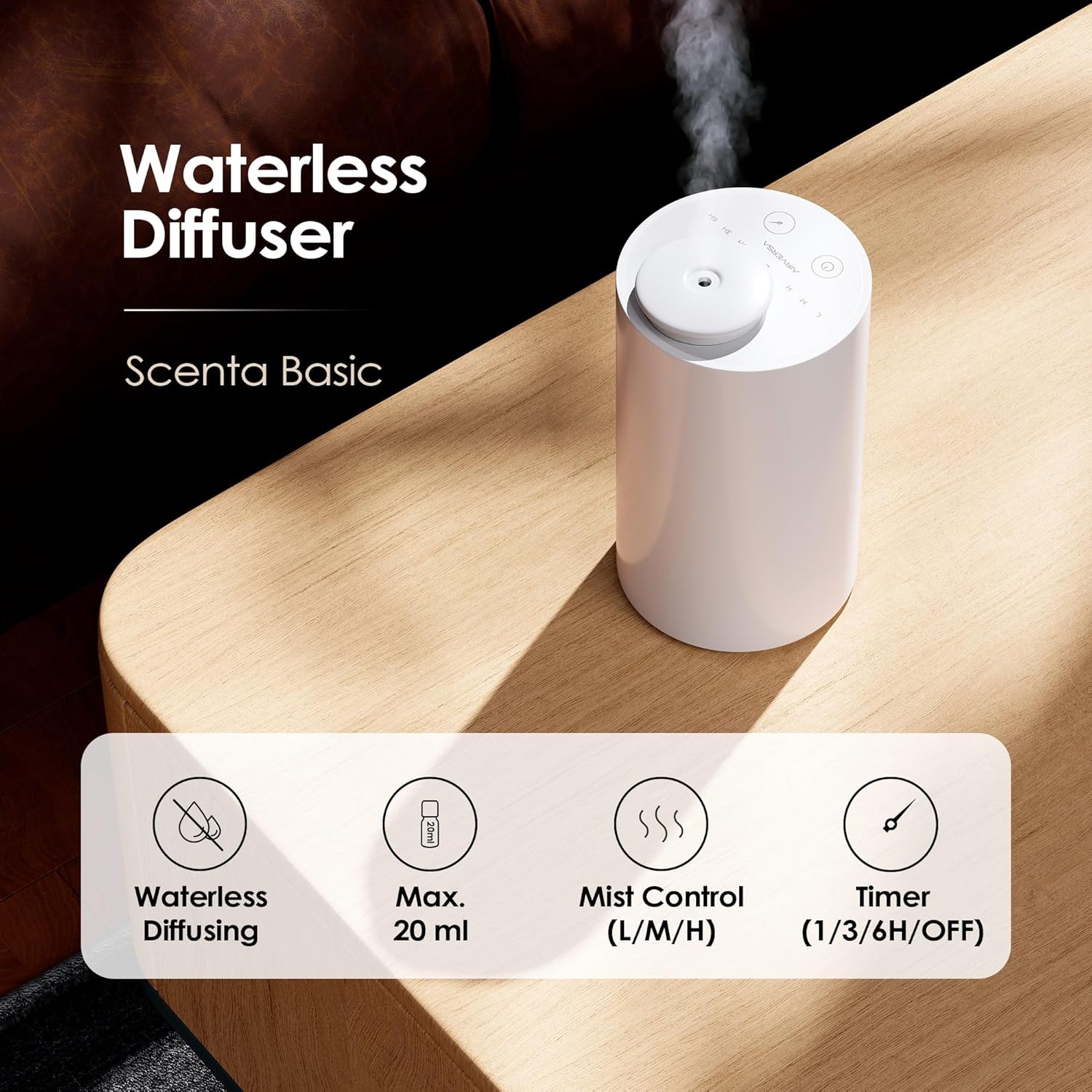 Waterless Diffuser for Essential Oil, Battery Operated Nebulizer, 0.7 Fl.Oz./ 20mL Capacity, Mini Scent Air Machine, 3 Countdown Timers & 3 Mist Levels for Home, Room, Car, Office - AN6 Cold Gray