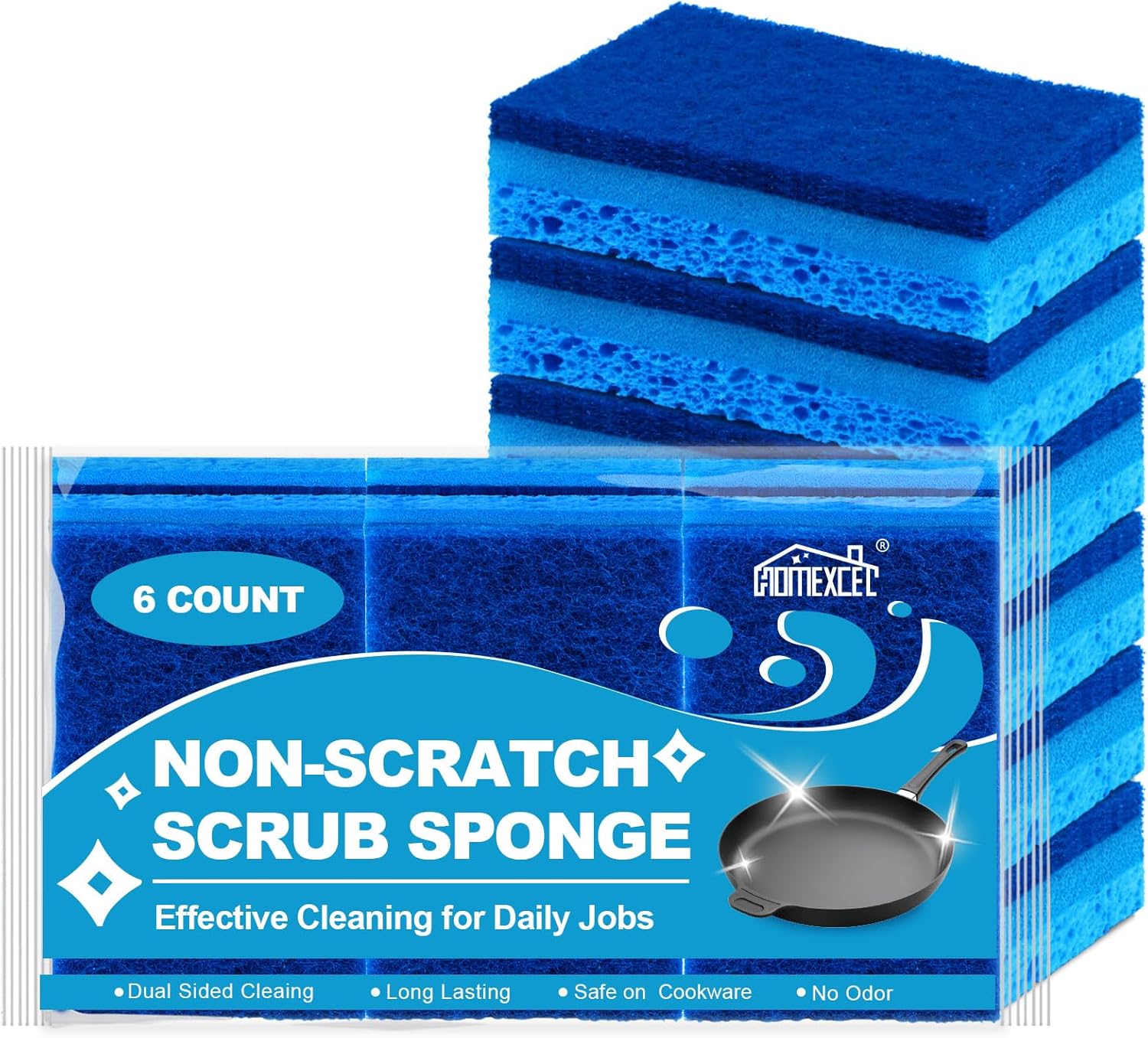 HOMEXCEL Sponges Kitchen 6pcs, Non-Scratch Sponges for Dishes, Scrub Cleaning Sponge Safe on Non-Stick Cookware, Dual Sided Dish Sponge for Kitchen, Household, Bathroom and More