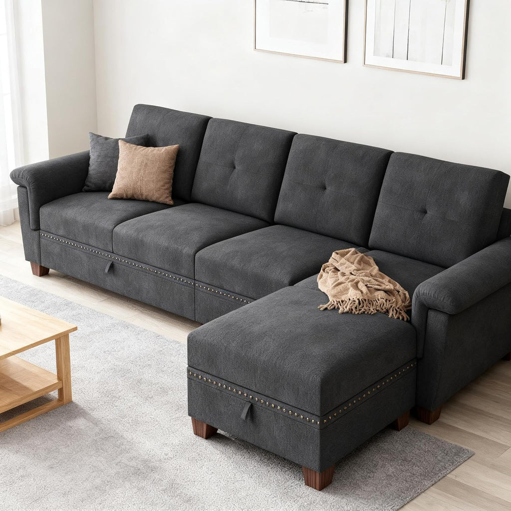 JAMFLY 108" Modular Sectional Sofa with Storage, L Shaped Sofa Couch with Reversible Ottoman, 4-Seat Convertible Sectional Couches with Cup Holders for Living Room, Apartment, Black