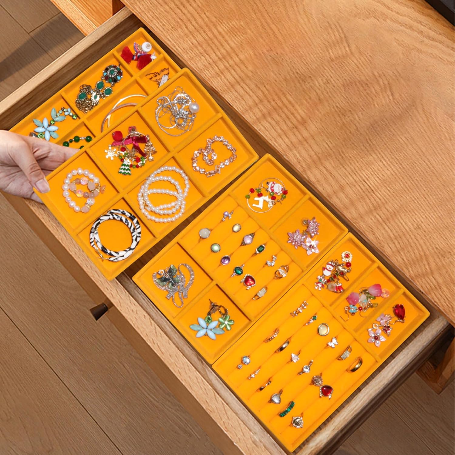 Set of 8 Stackable Velvet Jewelry Trays Organizer Jewelry Display Storage Box Dresser Drawer Organizer for Earring Necklace Bracelet Ring Accessary