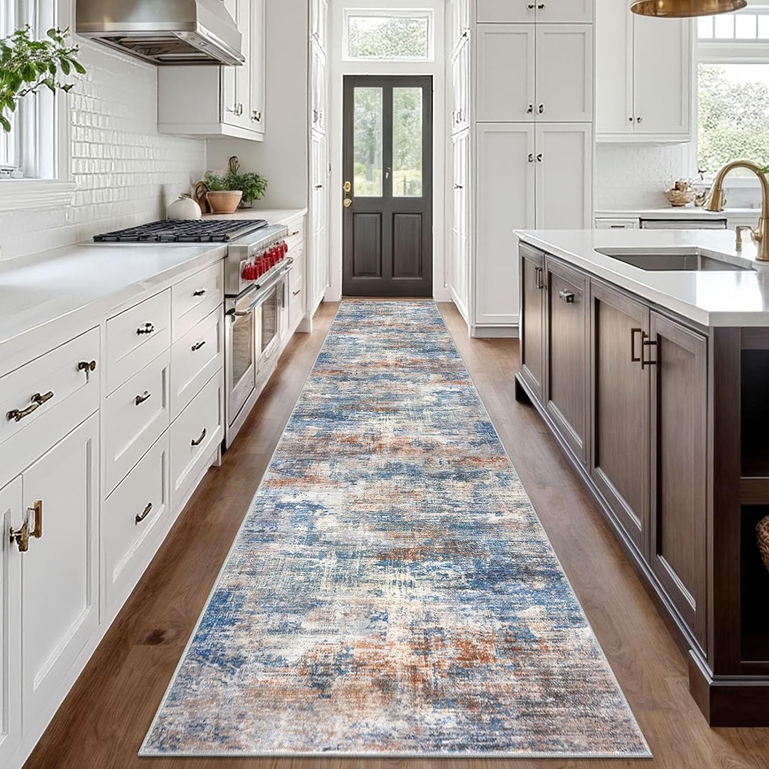 IOHOUZE Abstract Runner Rug 3x18 Ft Extra Long Washable Runners for Hallways, Non Slip Kitchen Runner Printed Faux Wool Entryway Runner Indoor, Modern Abstract Floor Carpet for Hall Stair, Blue Rust