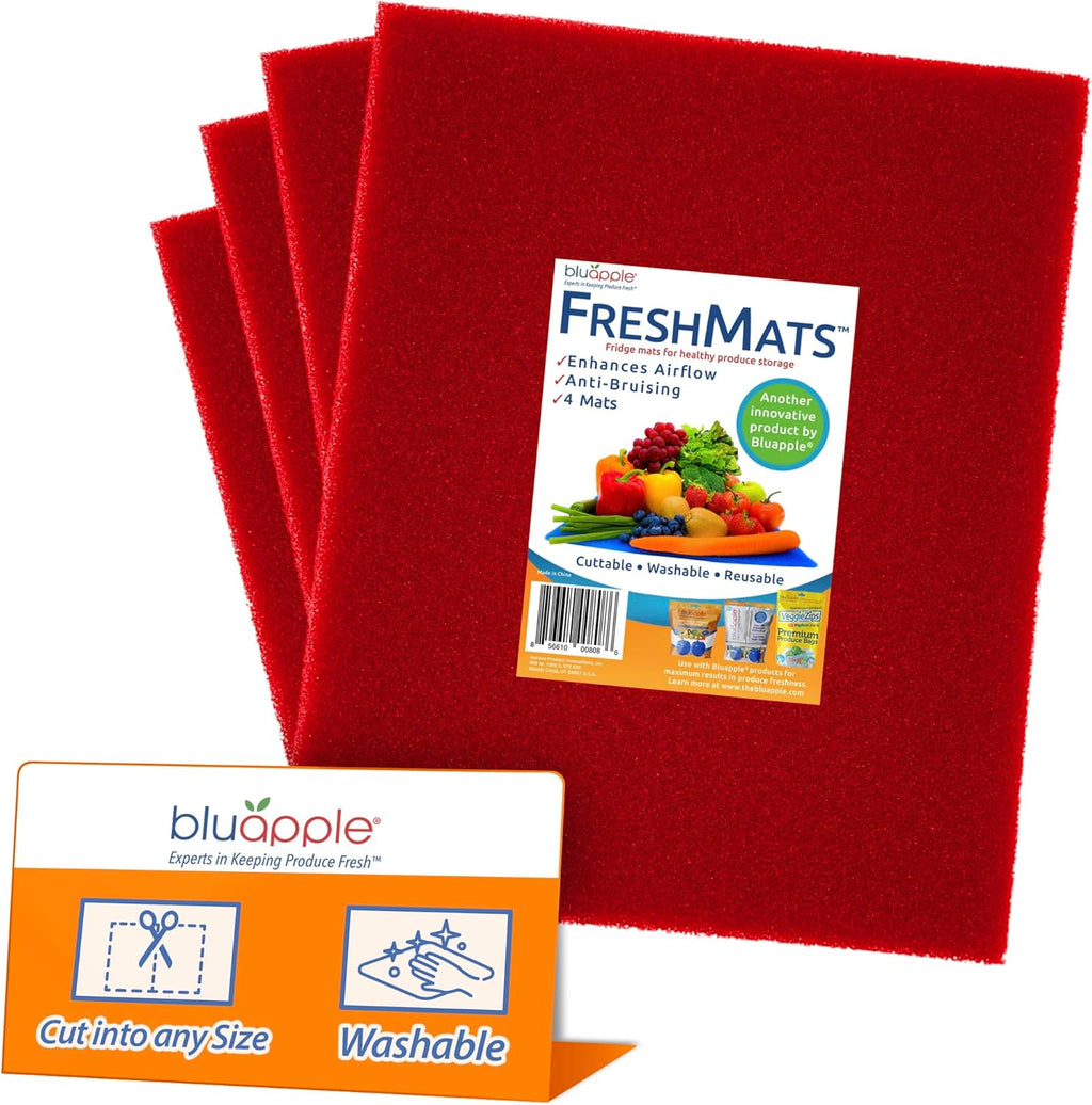 Bluapple FreshMats, Refrigerator Bin Liner, Fridge Drawer Mats, Crisper Life Extender Liner Keeps Produce Fresh Longer, Anti-Bruising, Helps Air Circulation, Washable & Reusable (4-Mats, 12x15, Red)