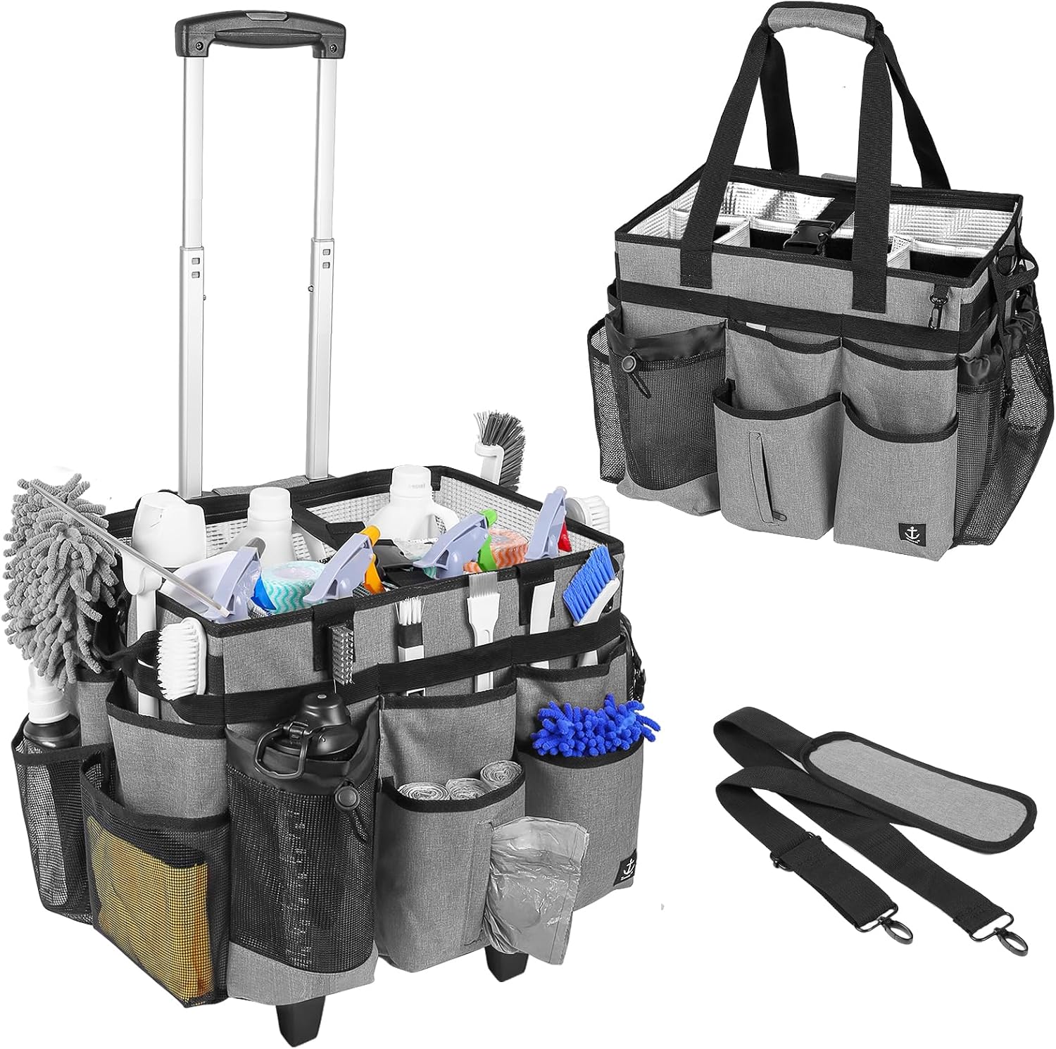 Extra large Rolling Cleaning caddy bag with Detachable, Foldable Trolley Portable Cleaning Cart for Housekeeping Cleaning caddy with Adjustable Shoulder Strap and Multiple Storage Pockets
