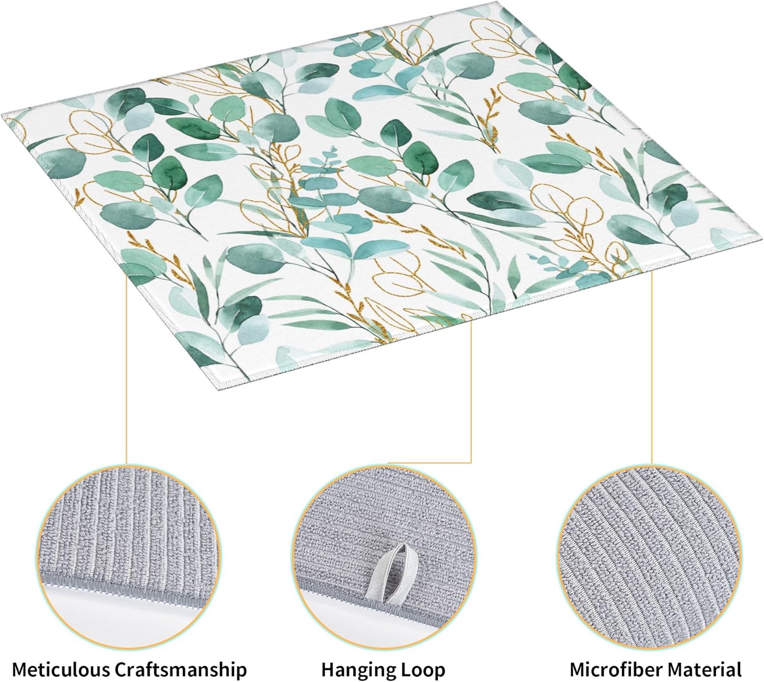 Sage Green Leaves Dish Drying Mat for Kitchen Counter Cute Botanical Dish Drainer Rack Mats 16"x18" Absorbent Reversible Drying Pad Spring Summer Kitchen Decor