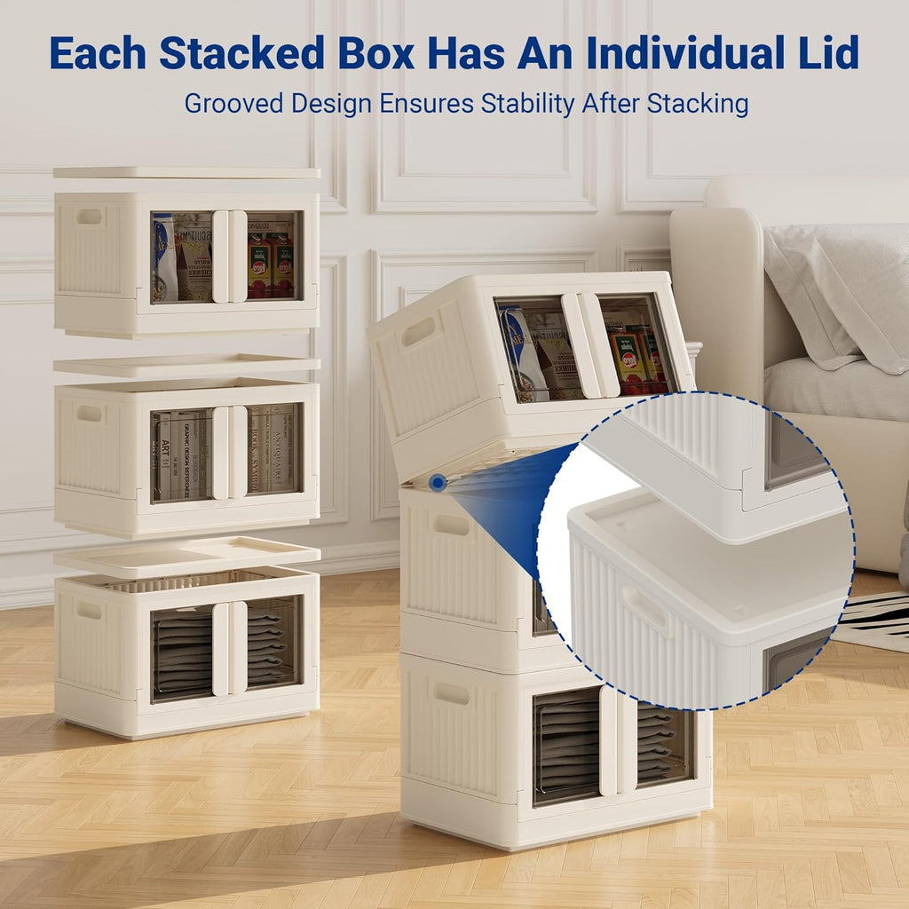 FLEXIMOUNTS 110 QT Stackable Storage Bins With Lids, Collapsible Plastic Storage Bins With Doors and Built-in Wheels For Home Dorm Closet Organizers and Storage, 3 Pack Cubes, Milky White