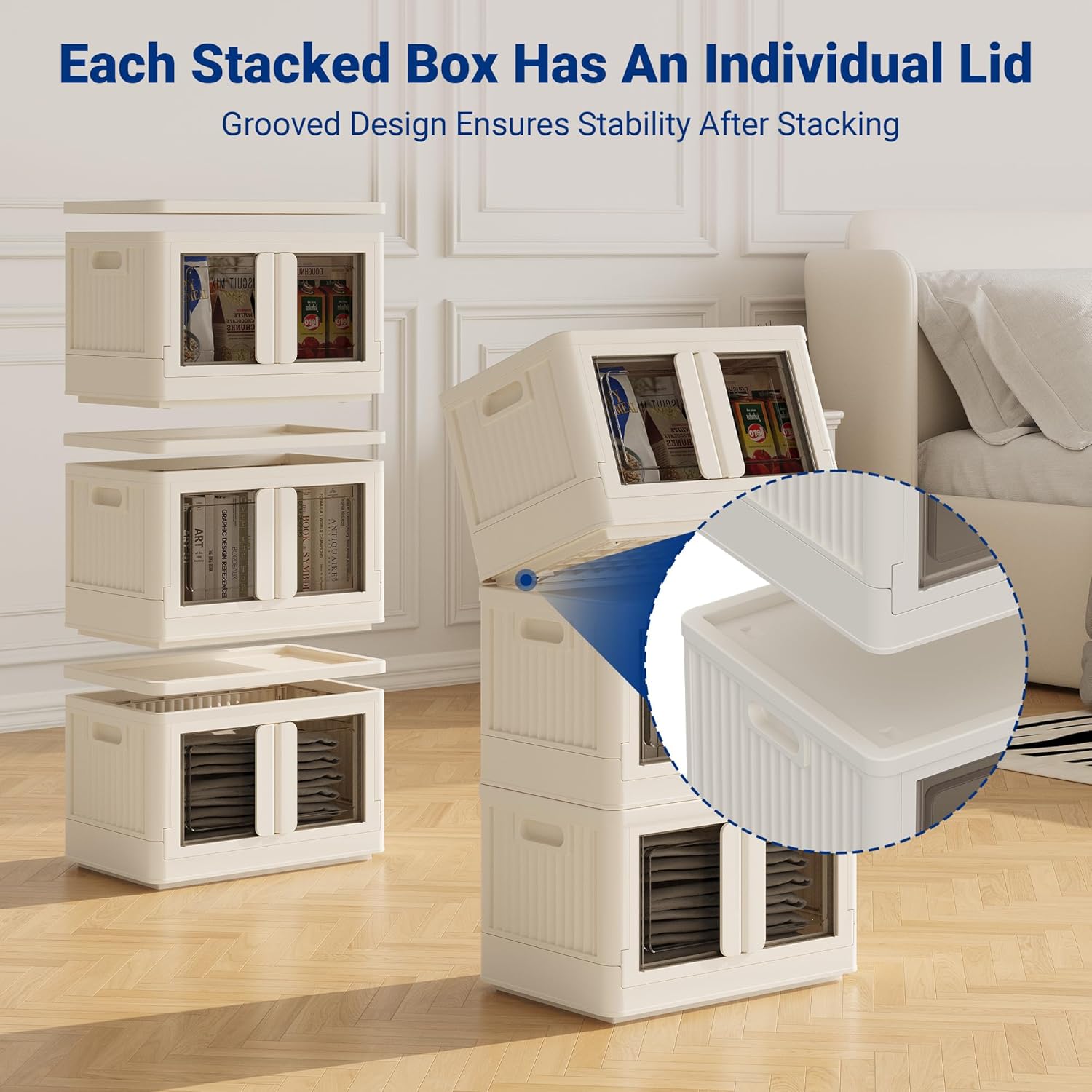 FLEXIMOUNTS 150 QT Stackable Storage Bins With Lids, Collapsible Plastic Storage Bins, Closet Organizers and Storage Containers with Doors and Built-in Wheels For Home, 4 Pack Cubes, Milky White