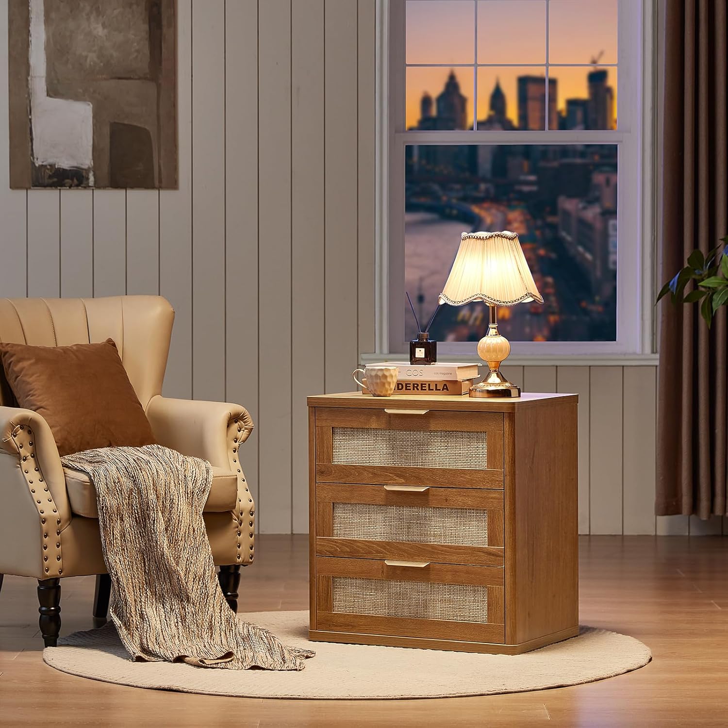 LEYAOYAO Rattan Night Stand Set of 2 with Drawers, 23" Large 3 Drawer Boho Nightstand, Natural Wood Bedside Table Storage Cabinet, Bed Side End Tables Dresser for Bedroom, Living Room, Hallway, Closet